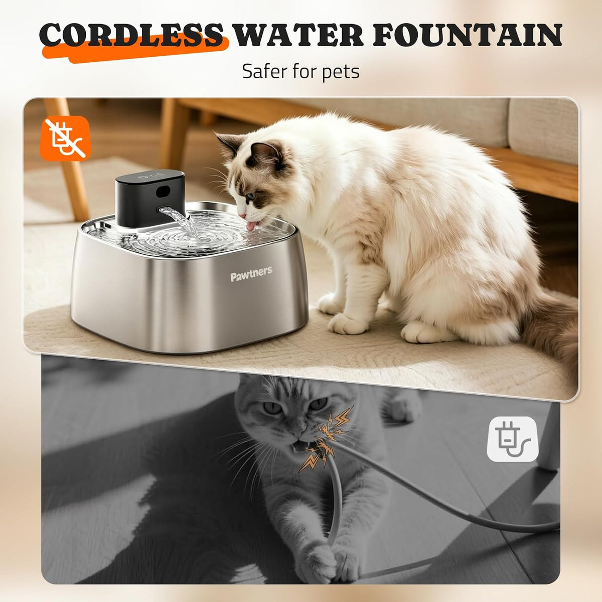 Pumpless Cat Water Fountain Stainless Steel 108oz/3.2L, 3 Modes