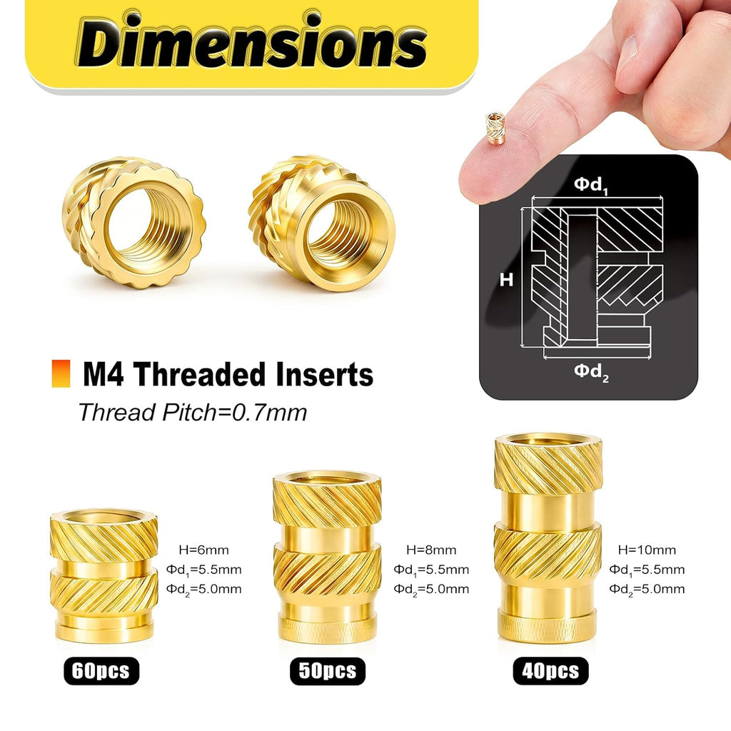 KADRICK 150PCS M4 Heat Set Inserts Kit,M4*(6/8/10mm)*5.5mm with Insert Tip