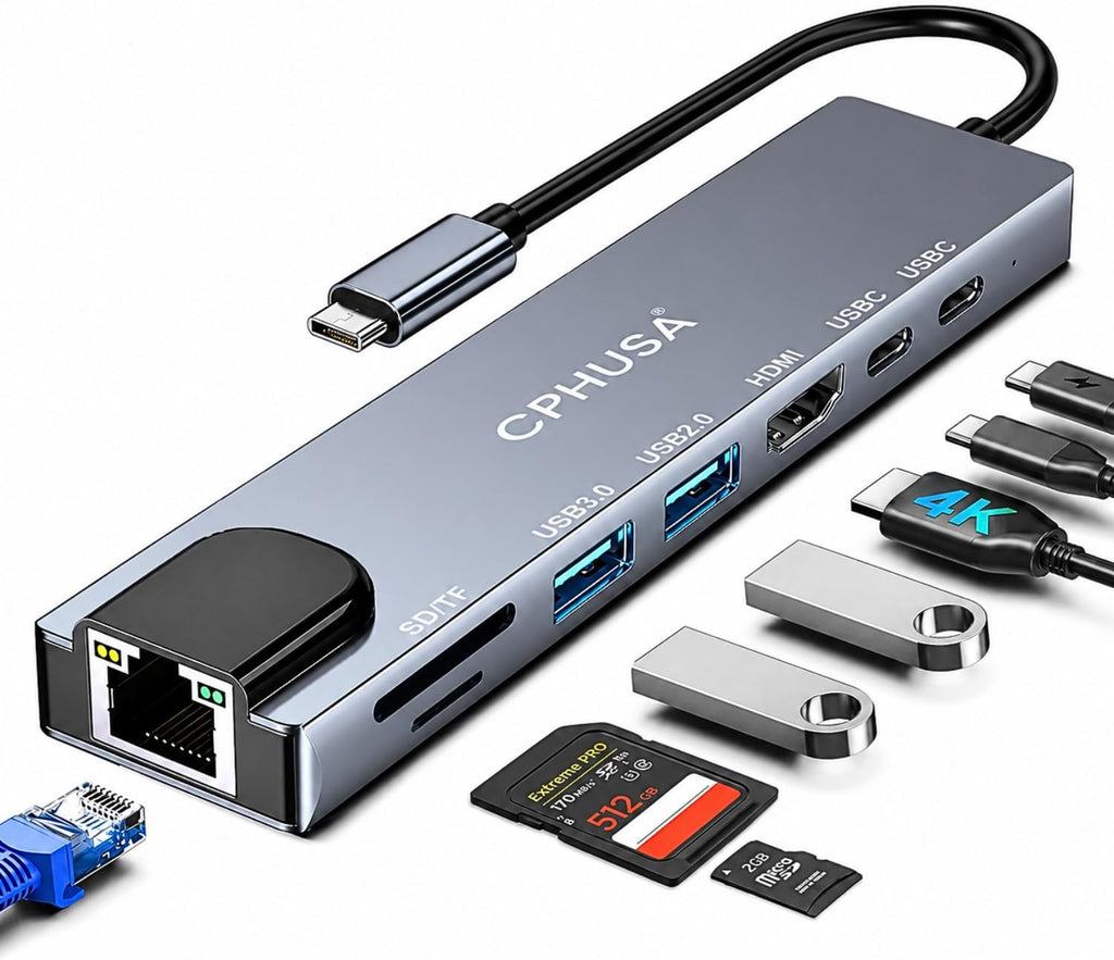 8-in-1 USB C Docking Station, Type C Hub with 4K HDMI Output, Ethernet RJ45, 100W Power Delivery, SD/TF Card Slots &