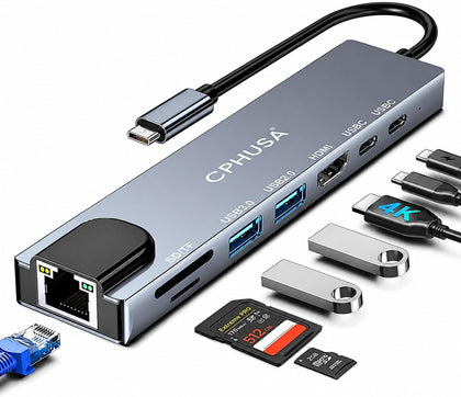 8-in-1 USB C Docking Station, Type C Hub with 4K HDMI Output, Ethernet RJ45, 100W Power Delivery, SD/TF Card Slots &