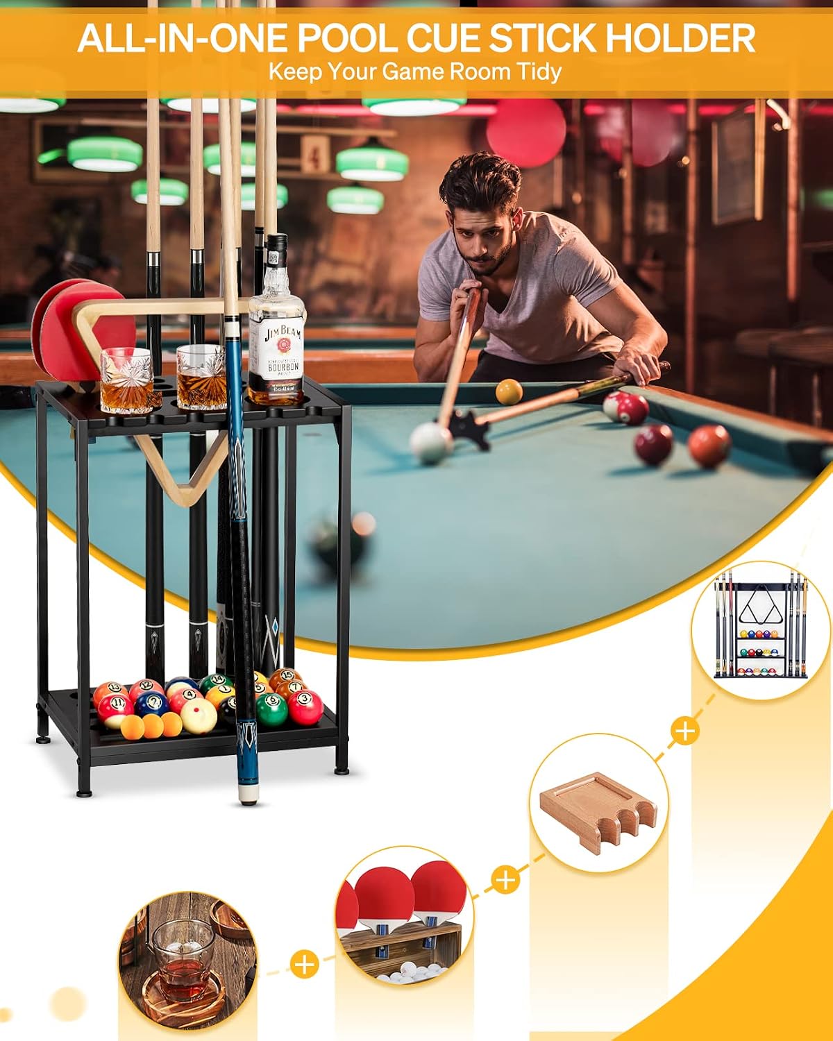 Pool Cue Rack Floor Stand, Metal & Wood, 12 Cues & Ping Pong, Black | Billiard stick holder and pool table