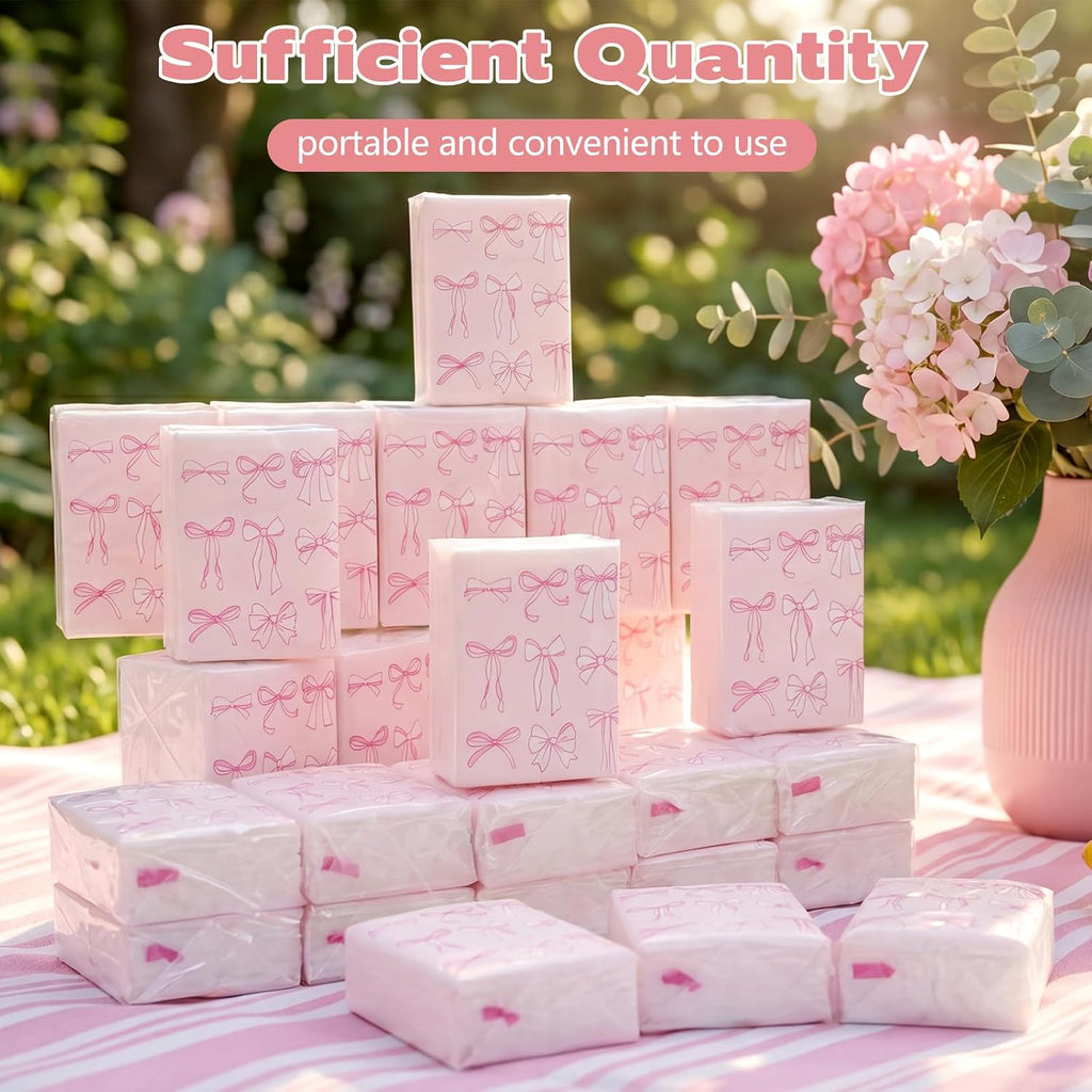 100 Pack Pocket Tissues, 3 Ply Pink Bow Travel Tissues