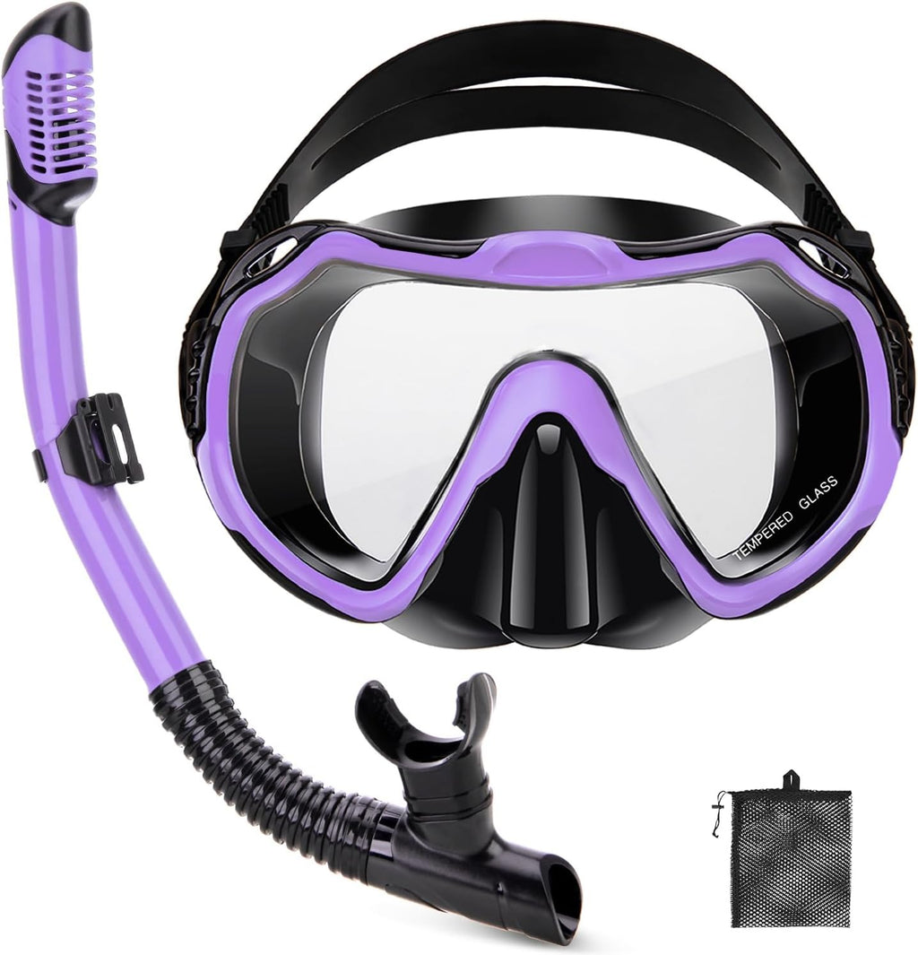 Snorkeling Gear for Adults, Adult Snorkel Set with Panoramic Anti-Leak and Anti-Fog Tempered Glass Snorkel Mask, Dry