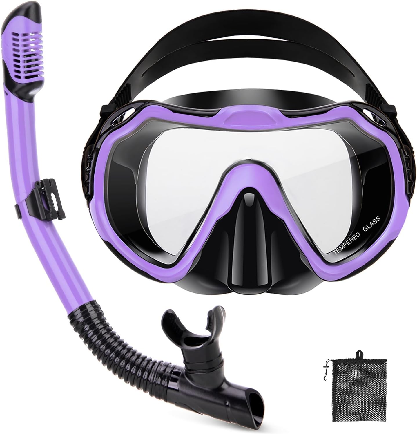 Snorkeling Gear for Adults, Adult Snorkel Set with Panoramic Anti-Leak and Anti-Fog Tempered Glass Snorkel Mask, Dry