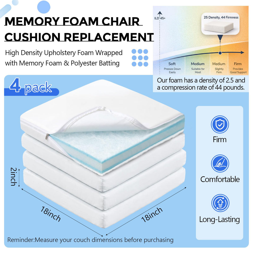 4 Pack Chair Cushion Foam Inserts, 18x18x2 Memory Foam Seat Pads