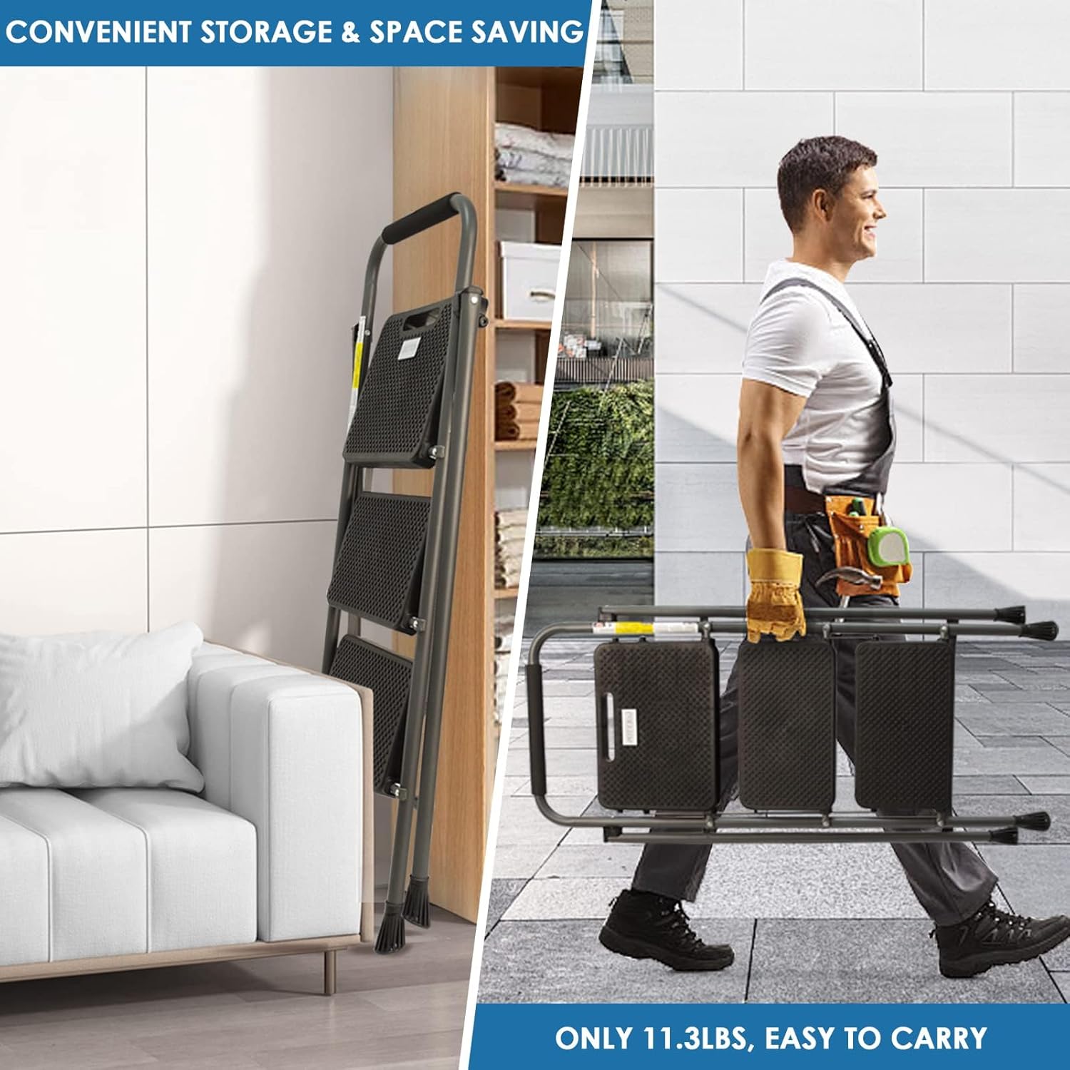 3 Step Ladder, GOLYTON Folding Step Stool with Anti-Slip Wide Pedal & Convenient Handgrip, 500lbs Capacity Steel