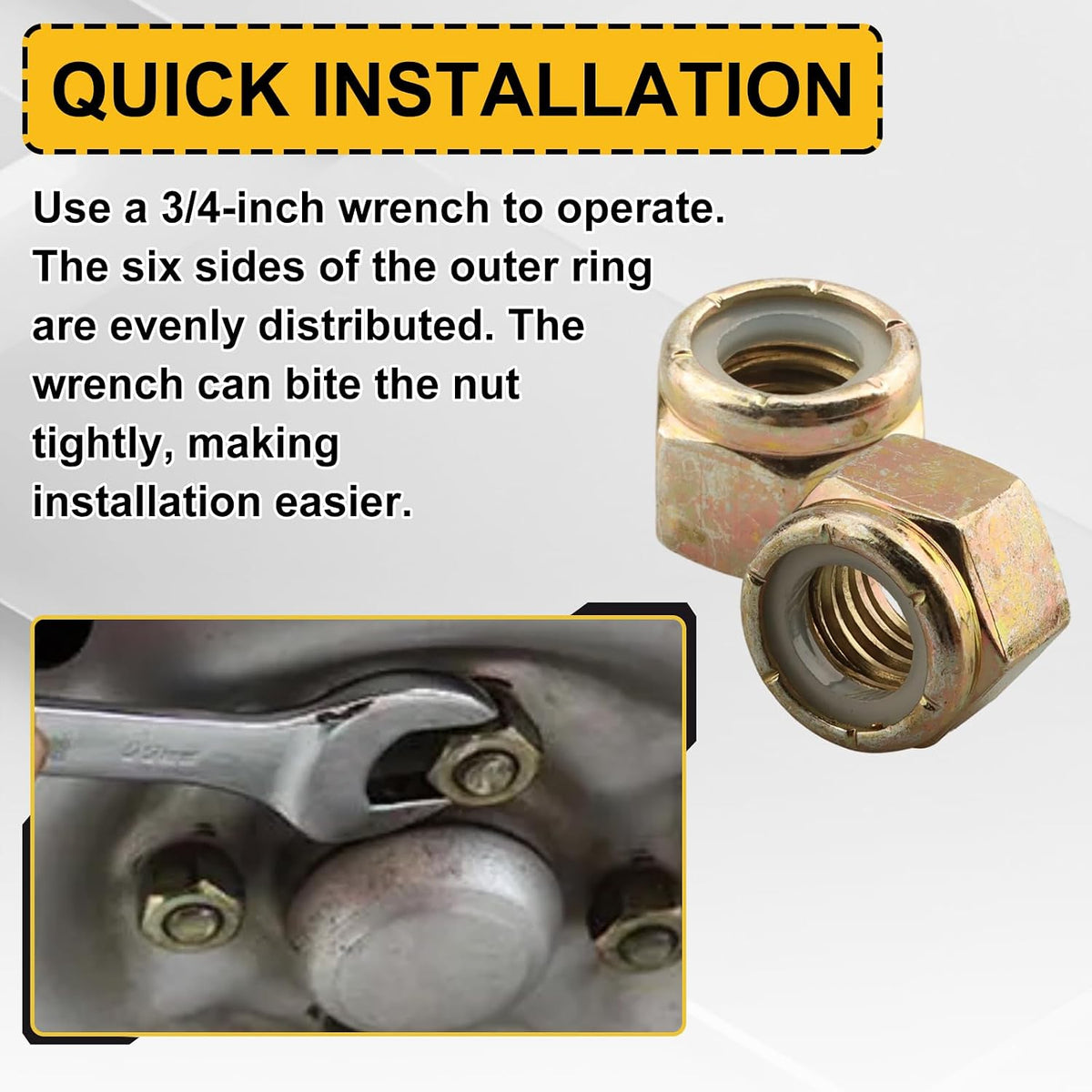Grade 8 Coarse Lock Nuts 1/2"-13 (20 Pcs), 1/2″-13 Locknuts Yellow Zinc Finish Steel Nylon Insert Lock Nut