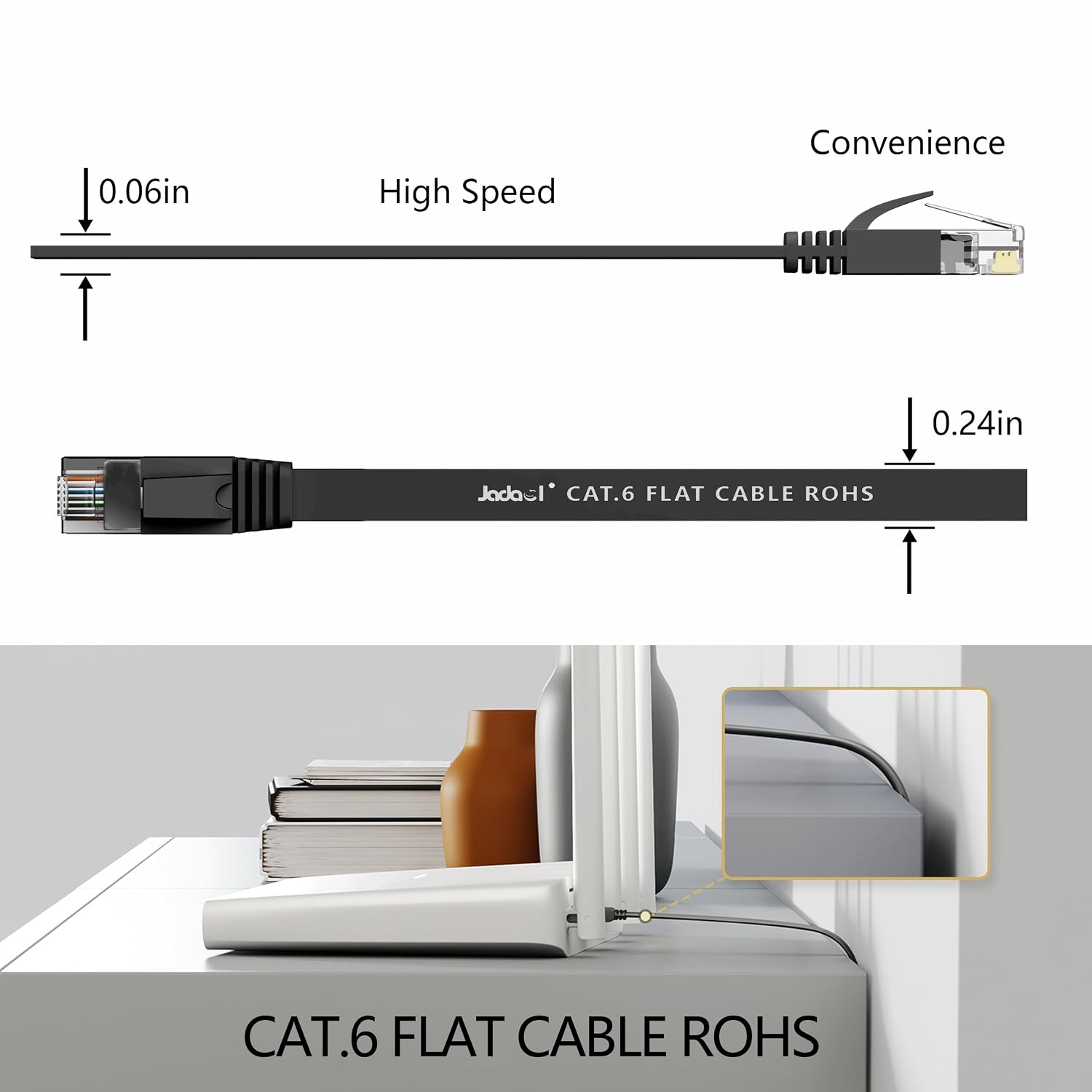 Cat6/Cat6A Ethernet Cable 50FT Flat with Clips 10Gbps Network, Black | 1FT 3FT 5FT 10FT 15FT 20FT 25FT 30FT 35FT 50FT