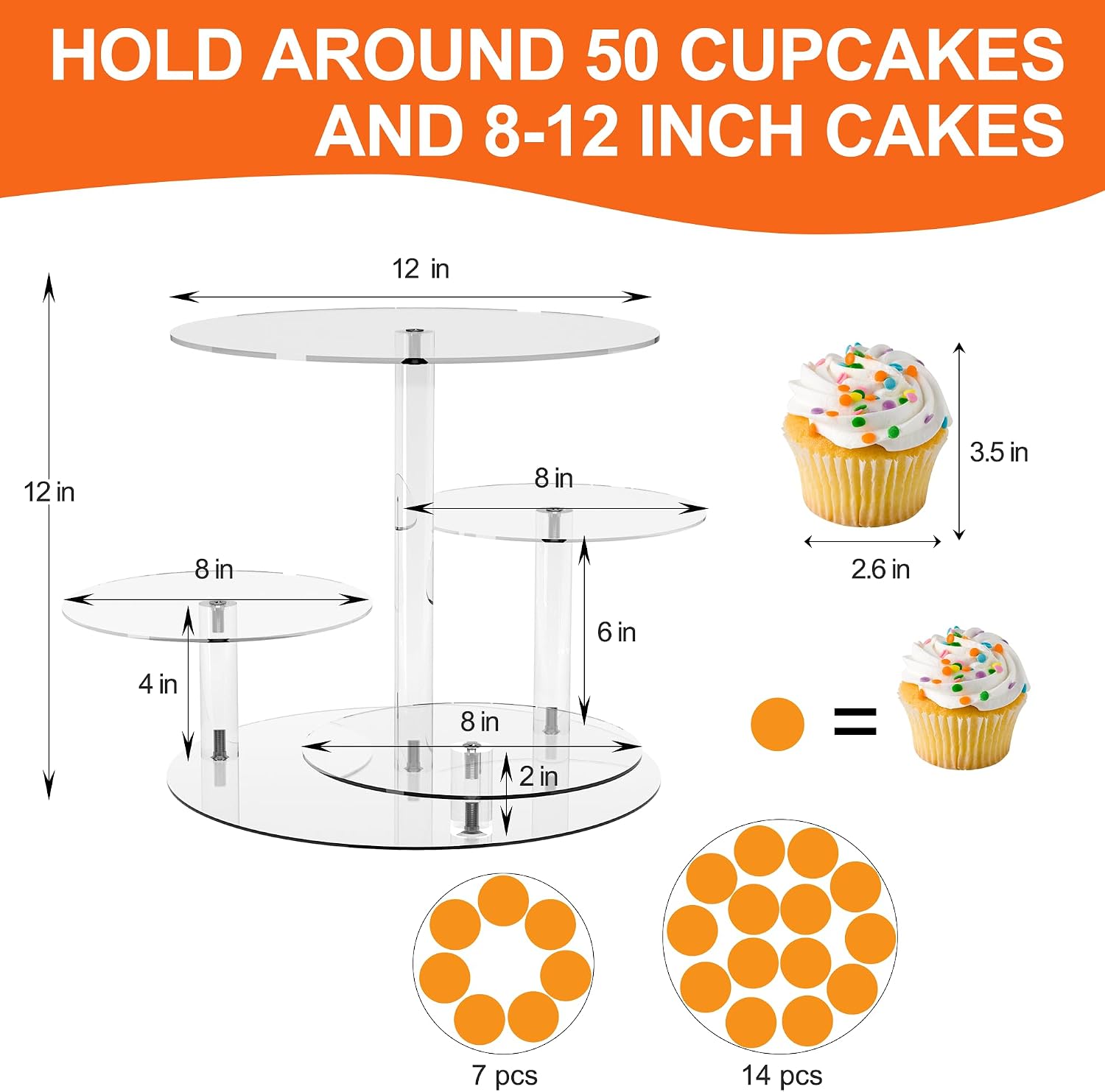 Cupcake Stand, Round Cake Stand, 4 Tier Cupcakes and Cakes Comb for 8-12 Inch Cakes, Tiered Cupcake Tree Tower, Clear