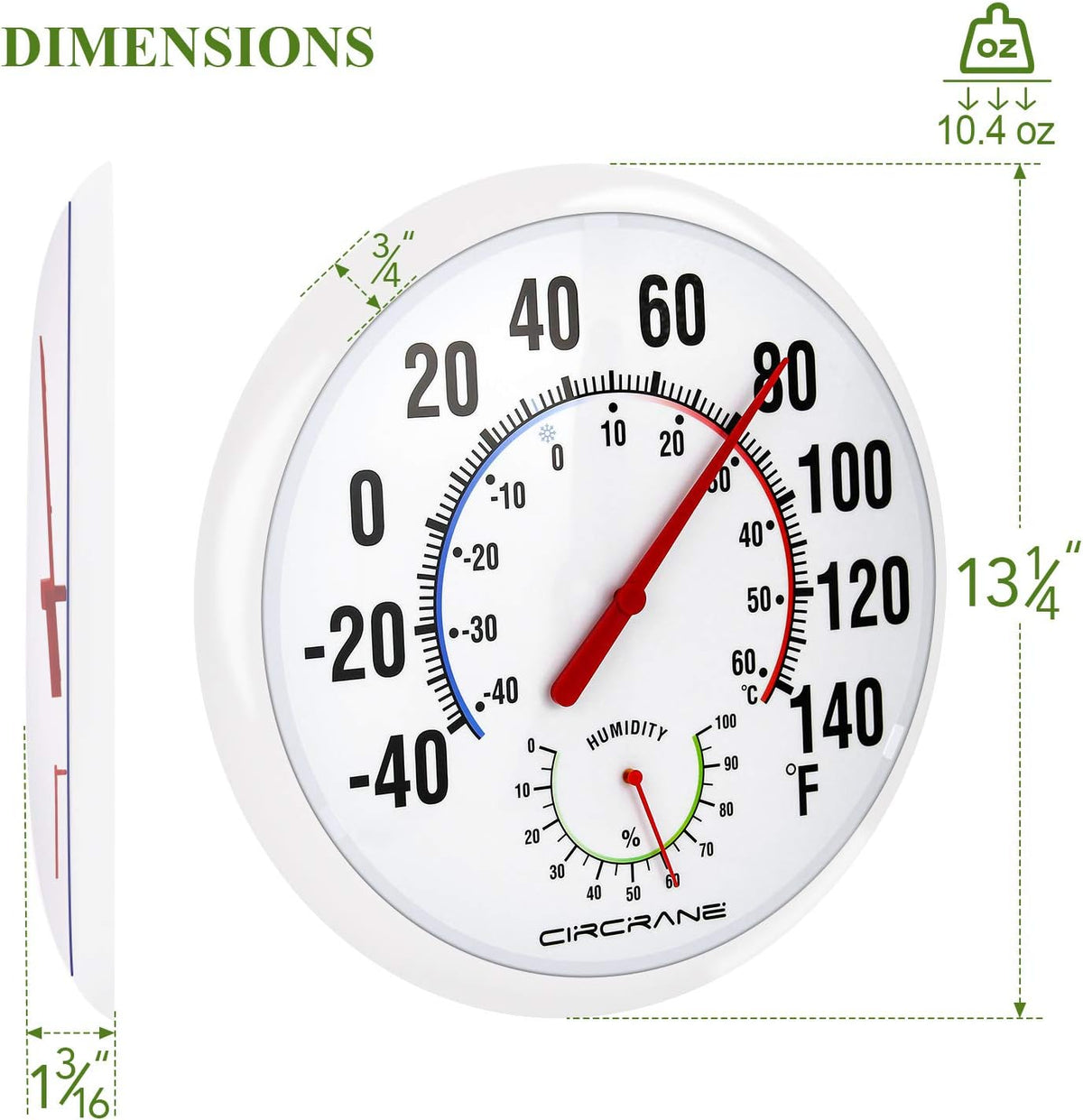 Circrane 13.25 Inch Round Thermometer with Hygrometer, Large Indoor Wall Patio Bimetal Weather Thermometer, No Battery Required, White