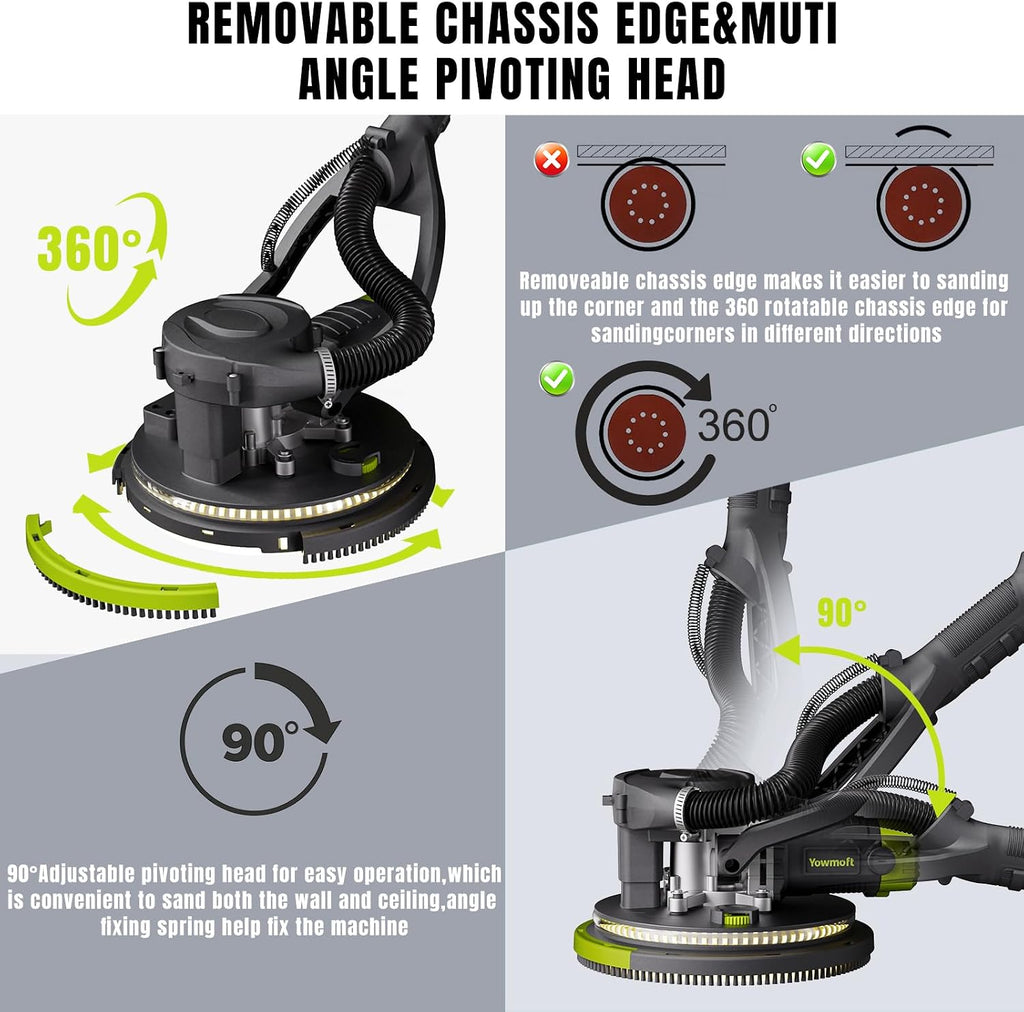Drywall Sander with Vacuum Dust Collector, 880W Popcorn Ceiling Removal Tool with 5 Variable Speed & LED Light