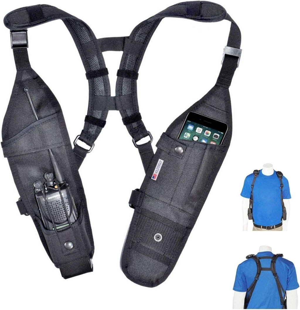 USH-300D Double Radio Holster for Two-Way Radios - Hands-Free Shoulder Harness with Adjustable Pouches for Motorola