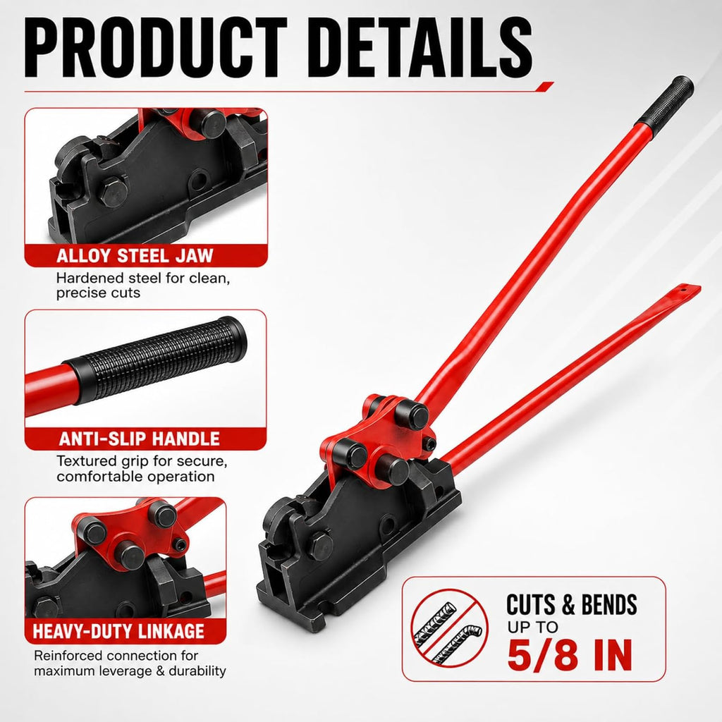 Manual Rebar Bender and Cutter, 2-in-1 Tool for Up to 5/8 Inch Rebar | Heavy Duty Removable Metal Shears and Bending