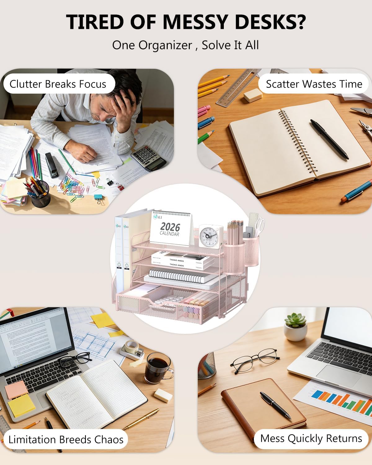 Desk File Organizer, 4 Tier Desktop Paper Letter Tray Organizer with Drawer and 2 Pen Holders, Office Desk