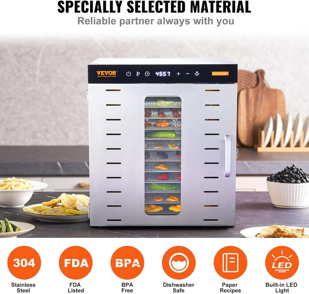 Food Dehydrator, 10 Trays Stainless Steel Food Dehydrator Machine, 1000W Dehydrators with Digital Adjustable Timer &