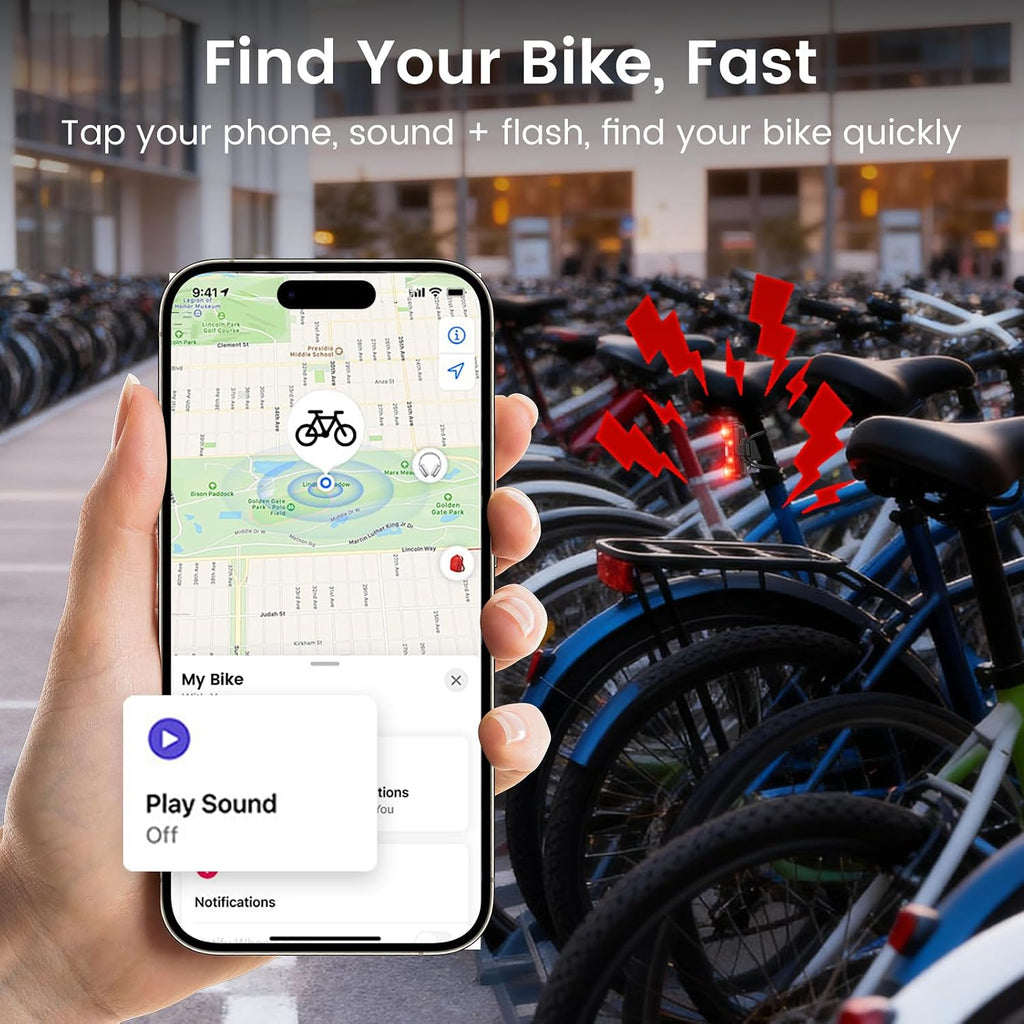 Bike Tail Light with Bike Tracker, GPS Real-Time Track (iOS Only, Work with Apple Find My), 3 Light Modes