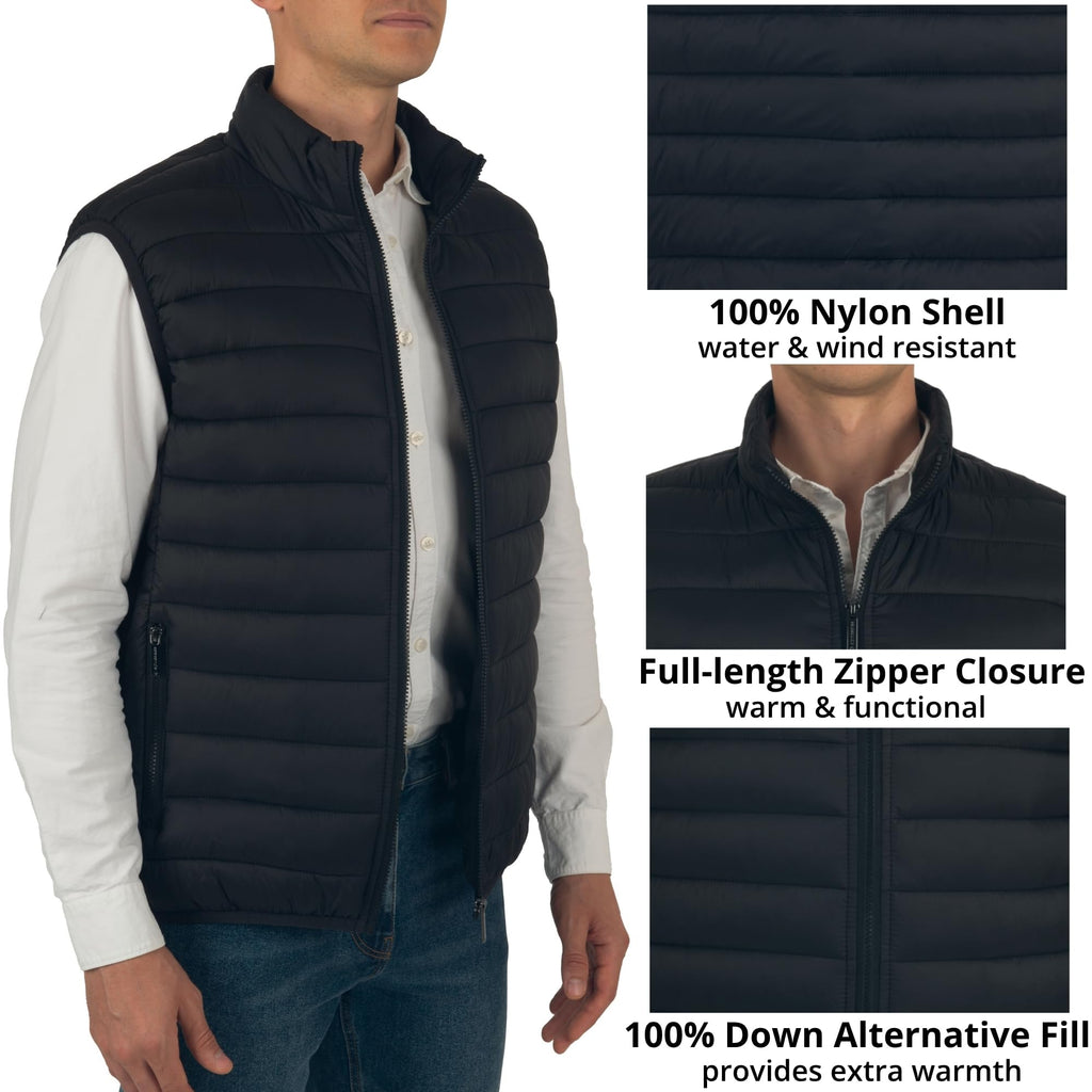 Clark Mens Puffer Vest Down Alternative Water Resistant Packable Outerwear Zip Up Pockets Warm Versatile Layer BLK Large