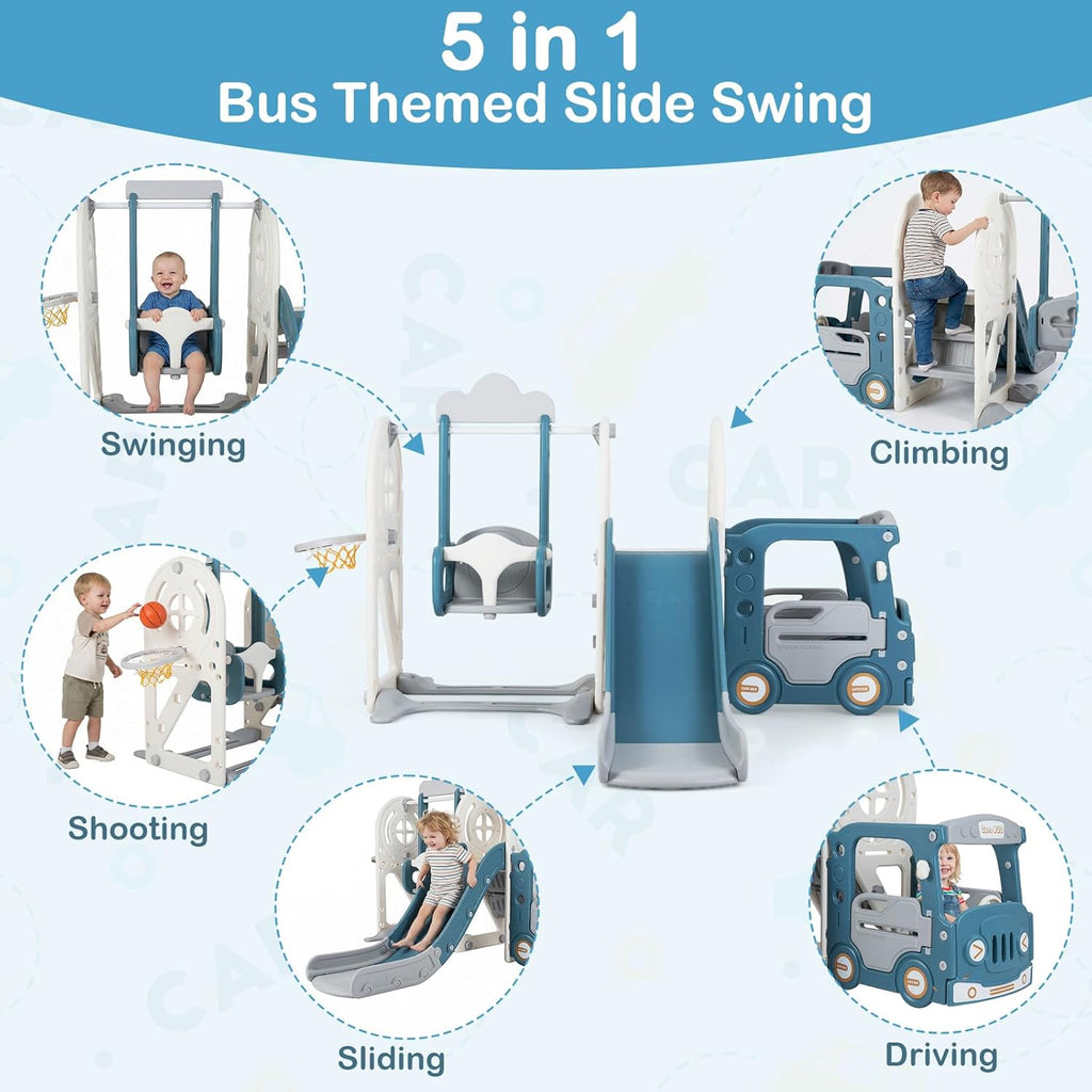 Toddler Slide and Swing Set, 5 in 1 Bus Themed Baby Slide with Climber Basketball Hoop Car Playhouse for Indoor