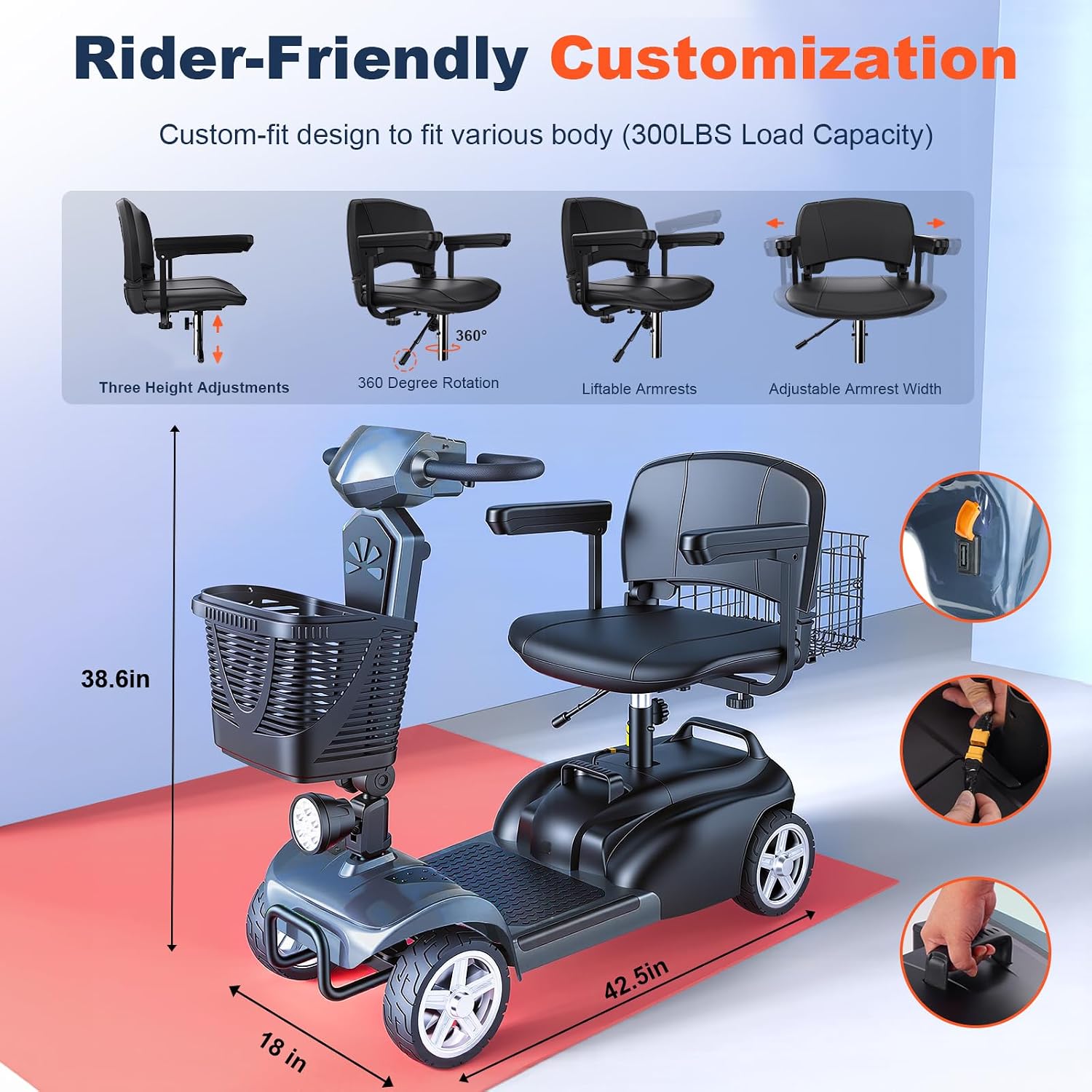 25Miles Eldryvon 4 Wheels Electric Mobility Scooter for Seniors, Dual Basket, 350W Powered Wheelchair with Rotating