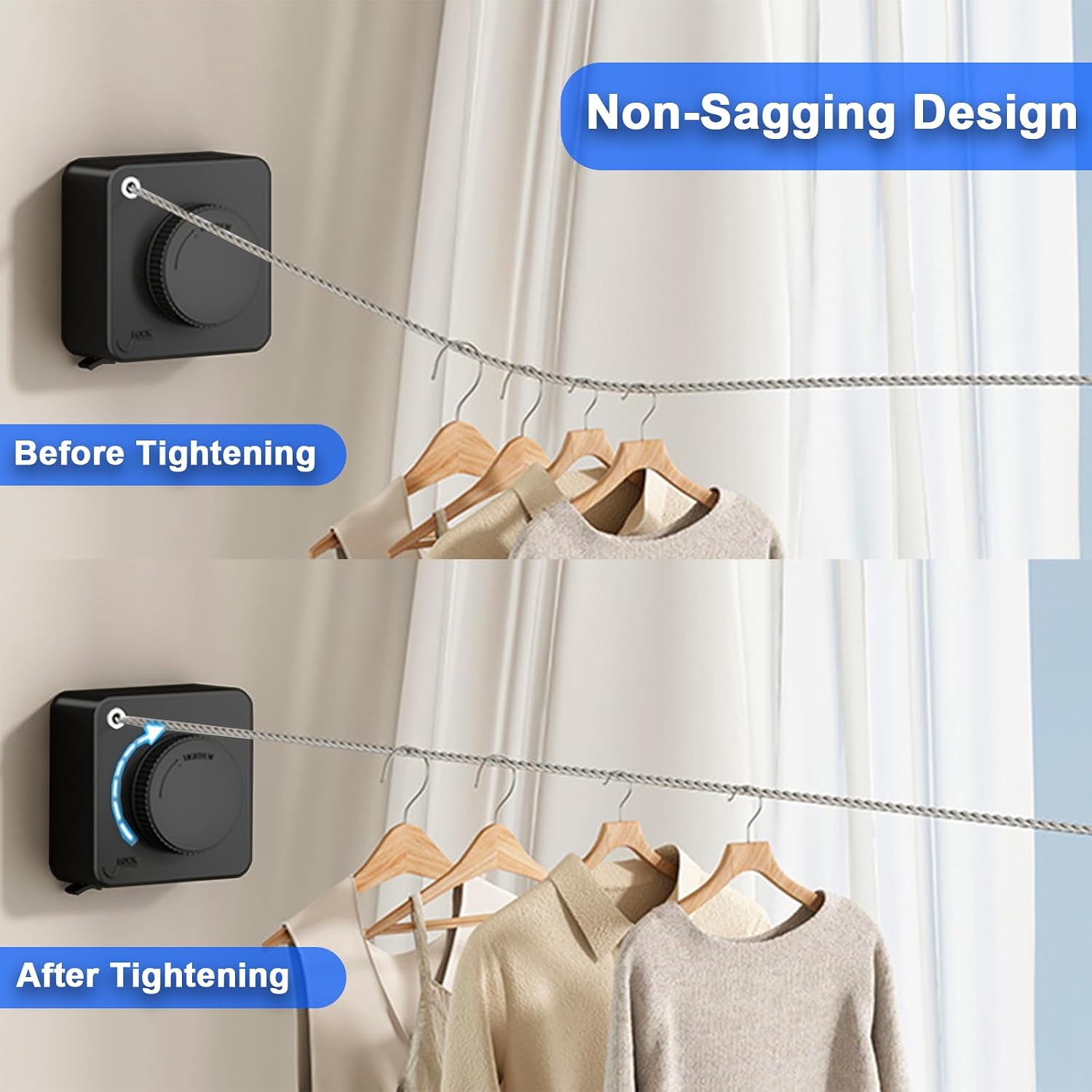Retractable Clothesline Indoor Outdoor 16.2Ft Non-Sag(1, Black) | Stainless Steel Heavy Duty Design Laundry Wash Line