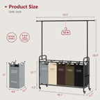 Laundry Sorter Cart with Hanging Rack, 5 Section, 5 Colors