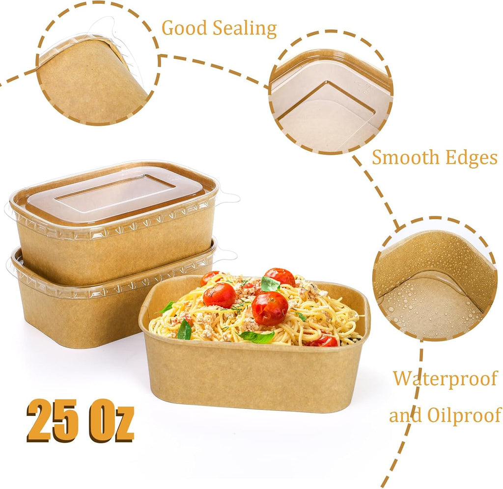 50 Pack Compostable Rectangular Kraft Paper Bowls, 25 Oz, Microwave & Freezer Safe, Reusable, Perfect for Take-Out