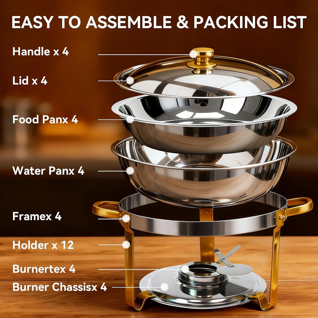 4-Pack Chafing Dish for Buffet Set, 6QT Round 304 Stainless Steel Buffet Food Warmers – Complete Set with Full