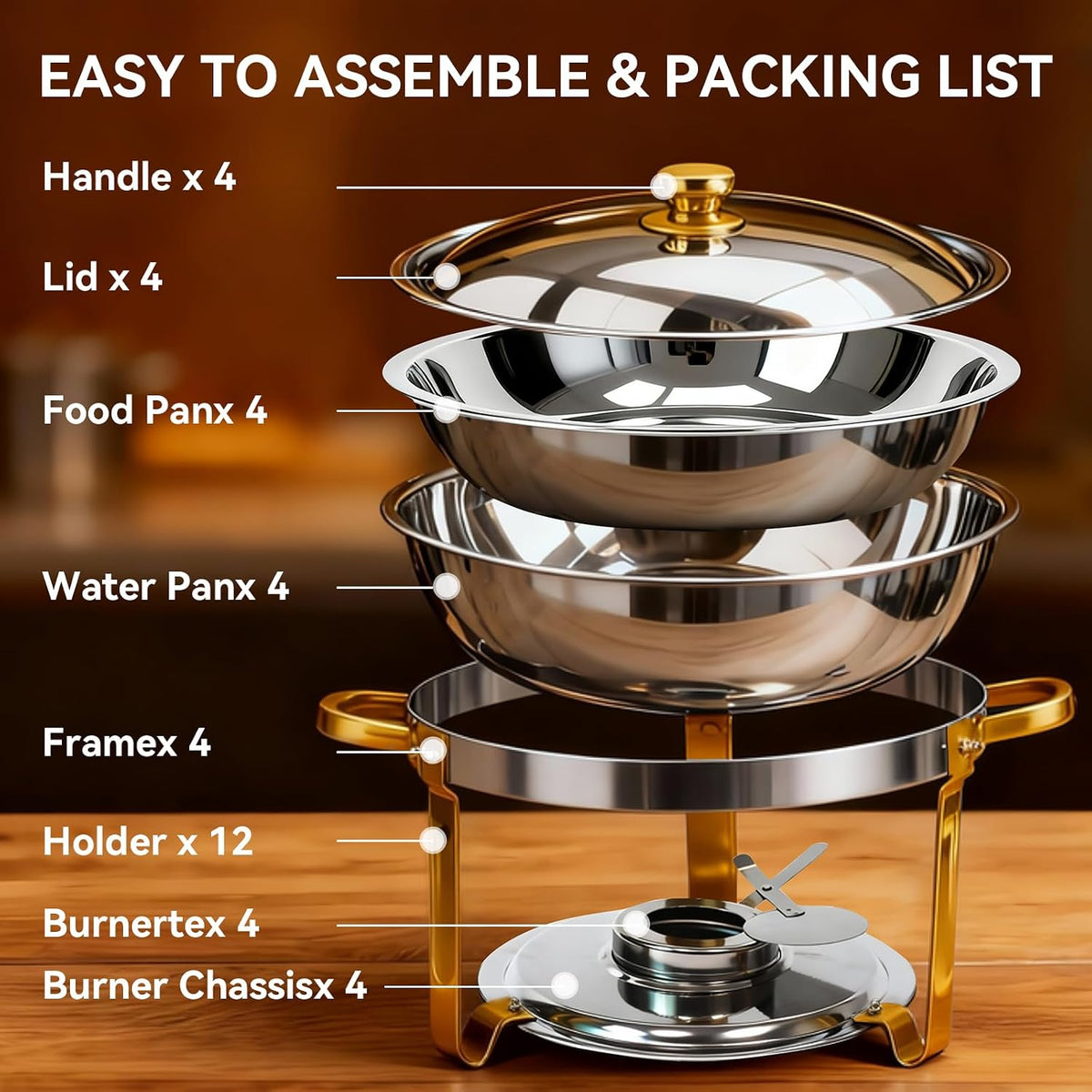 4-Pack Chafing Dish for Buffet Set, 6QT Round 304 Stainless Steel Buffet Food Warmers – Complete Set with Full
