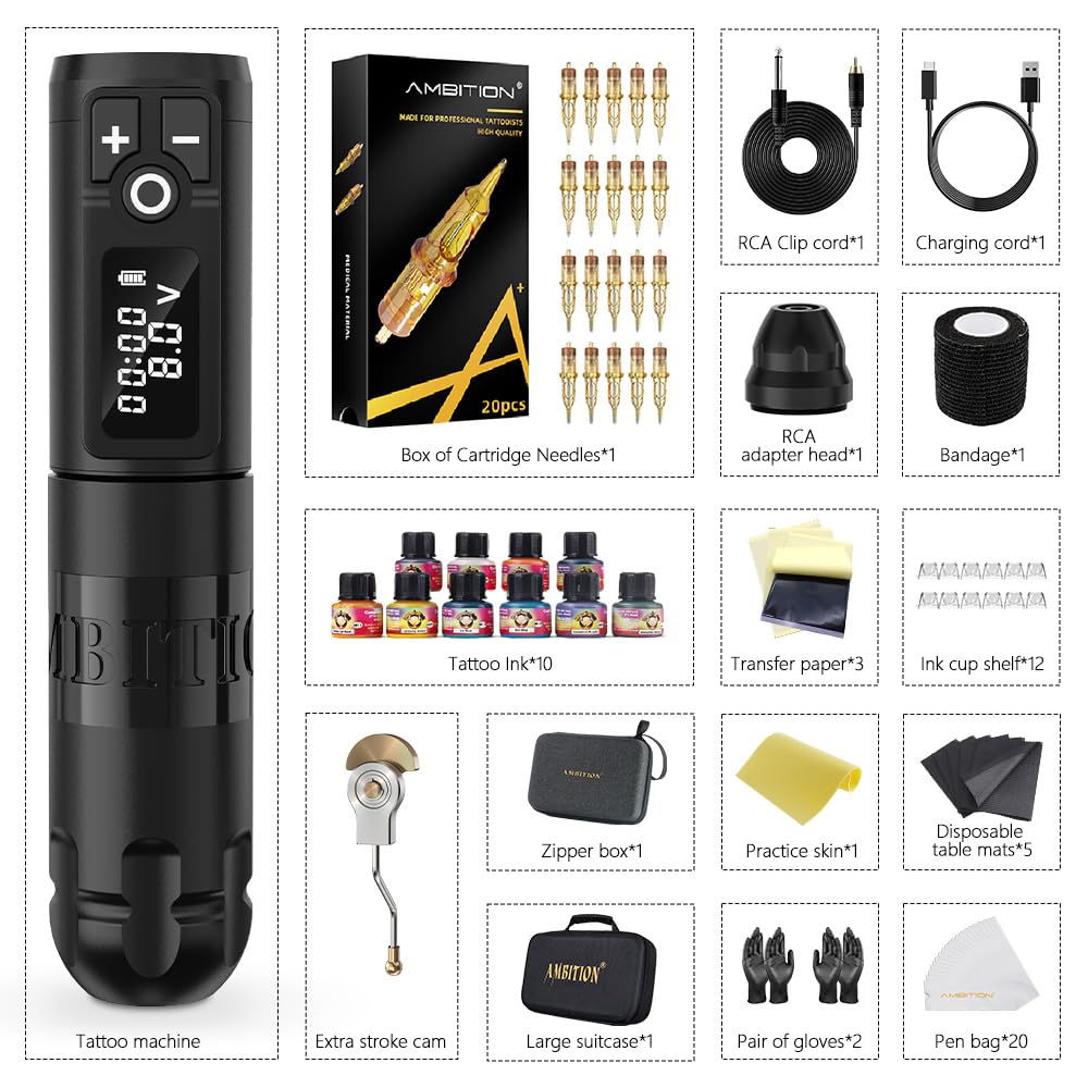 Soldier Tattoo Machine Kit Complete Rotary Wireless Tattoo Pen Gun Kit with 20pcs Glory Tattoo Cartridge Needles