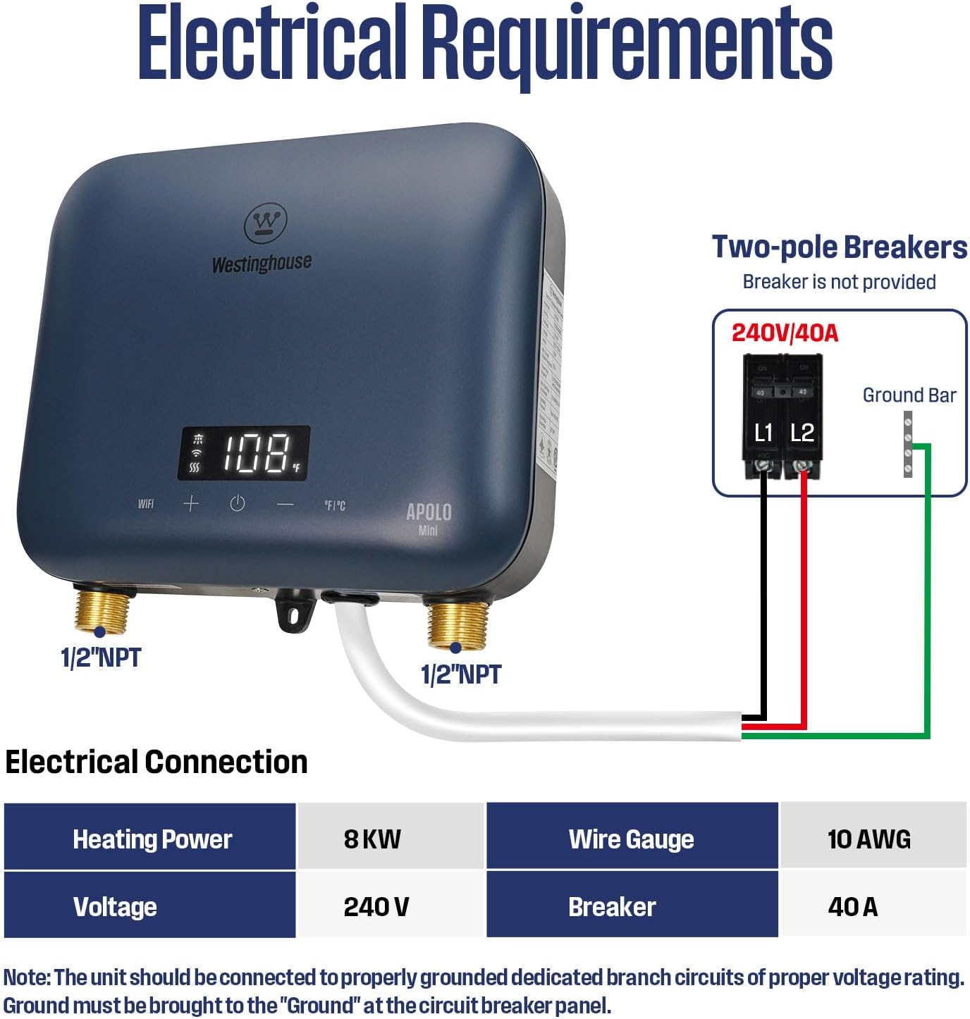 8kW Tankless Water Heater Electric, Low Watt 240V, Smart WiFi | Instant Hot Water Heater, Under Sink Water Heater