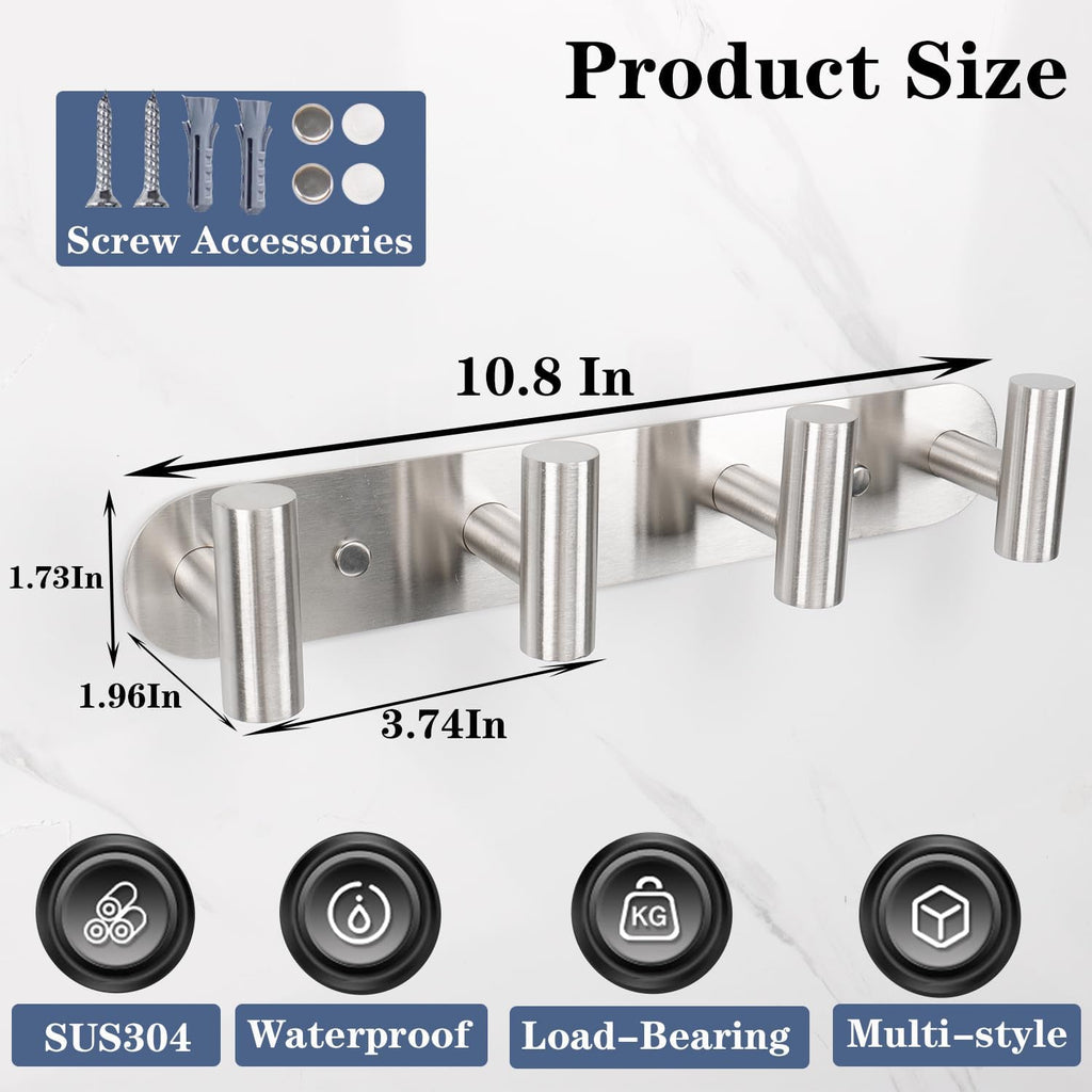 Coat Hook Rack, Wall Mounted Rack with 4 Hooks, Heavy Duty Towel Rack Wall Hooks for Hanging Jacket, Stainless Steel