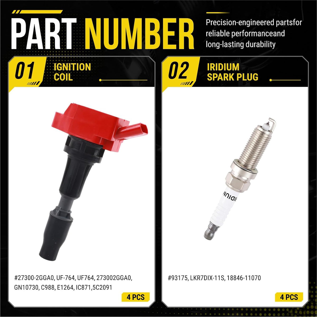 Set of 4 UF764 Ignition Coils with Iridium Spark Plugs 93175 Compatible with Hyundai Sonata Tucson Santa Fe Kia Optima Sportage Sorento 2.0L 2.4L L4 Replaces# GN10730 273002GGA0