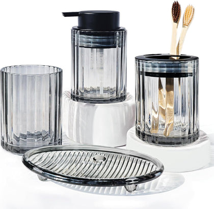 Bathroom Accessories Set, 4 PCS Glass Bathroom Set,Black Grey | Includes Soap Dispenser, Toothbrush Holder