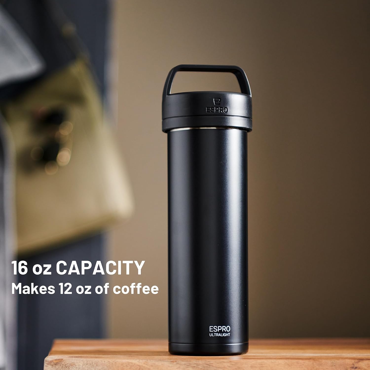 Go P0 Ultralight French Press Coffee Maker for Travel, Vacuum Insulated Stainless Steel, 16 Ounces, Matte Meteorite