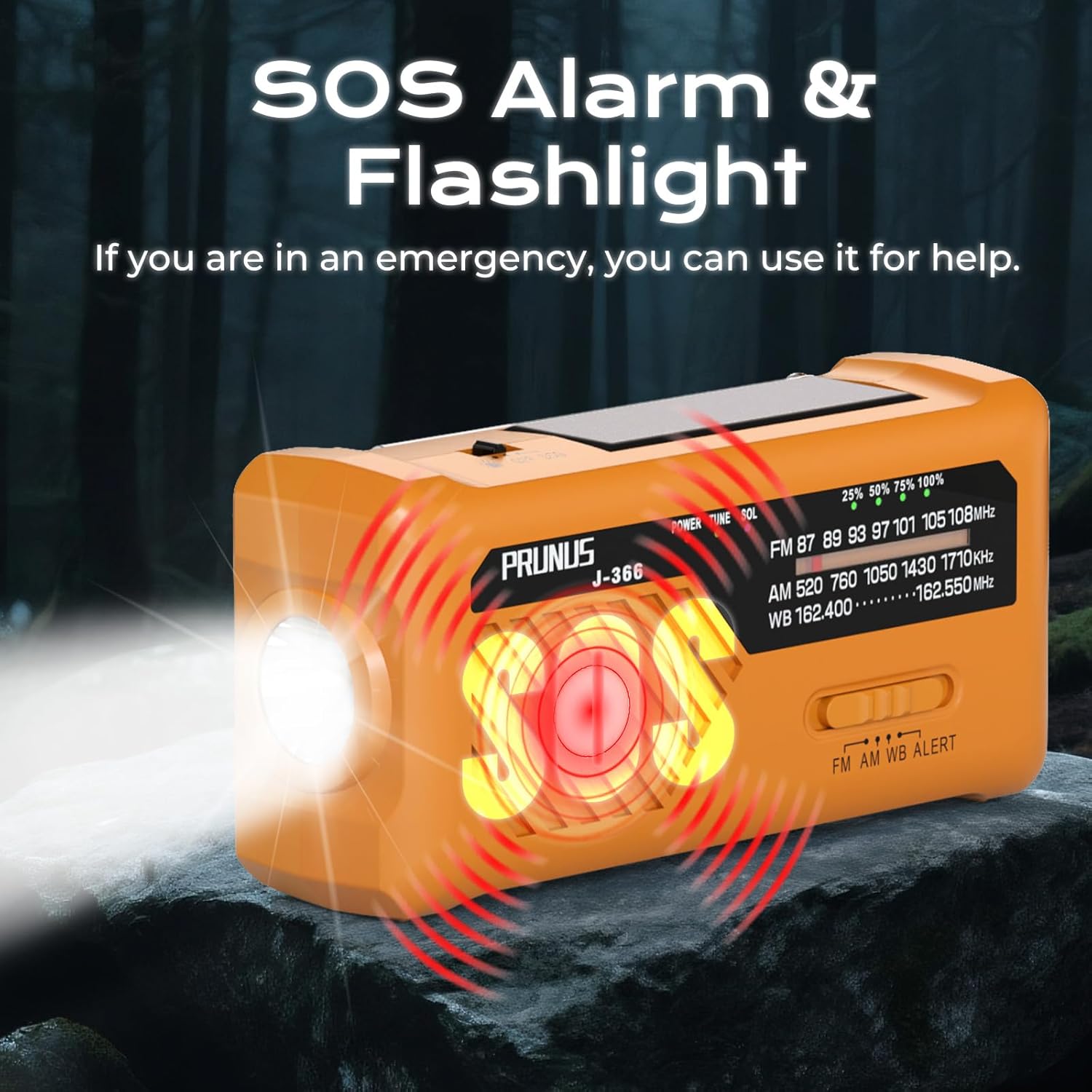 J-366 Emergency Radio with 3 Charging Cables, NOAA Weather Alert | 7400mWh/Solar/Hand Crank/USB-C Charging, Battery