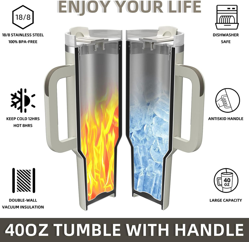 40 oz Tumbler with Handle and Straw,Reusable Vacuum Quencher Tumbler with Lid,Stainless Steel Insulated Travel