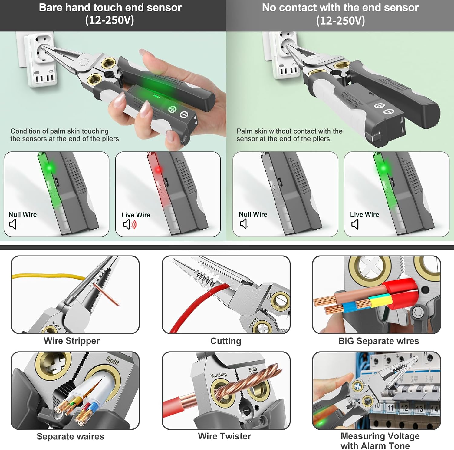 Pro 8-in-1 Wire Stripper/Cutter with Voltage Tester & Dual Alarms - Heavy Duty 12-250V AC/DC Electrical Tester for