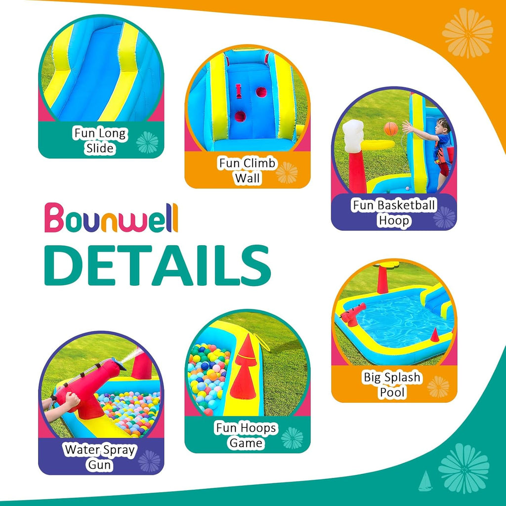 Inflatable Water Slide, Blow Up Water Slide with Climbing Wall, Water Slide for Kids Backyard with Basketball Hoop