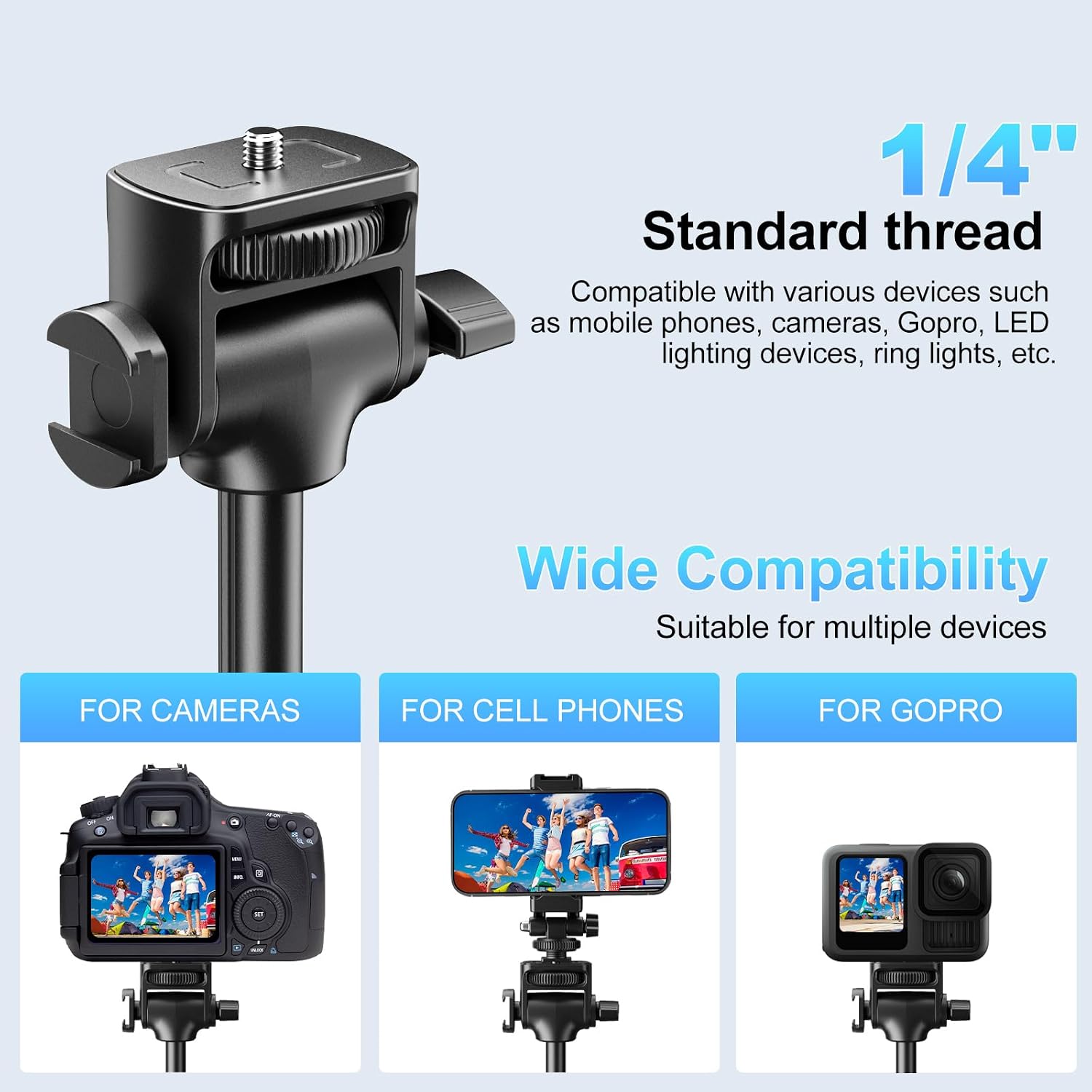 62" Professional Cell Phone Tripod, Ultra Stable 4 Leg Design, Bluetooth Remote, 100% All Aluminum Stick & Legs