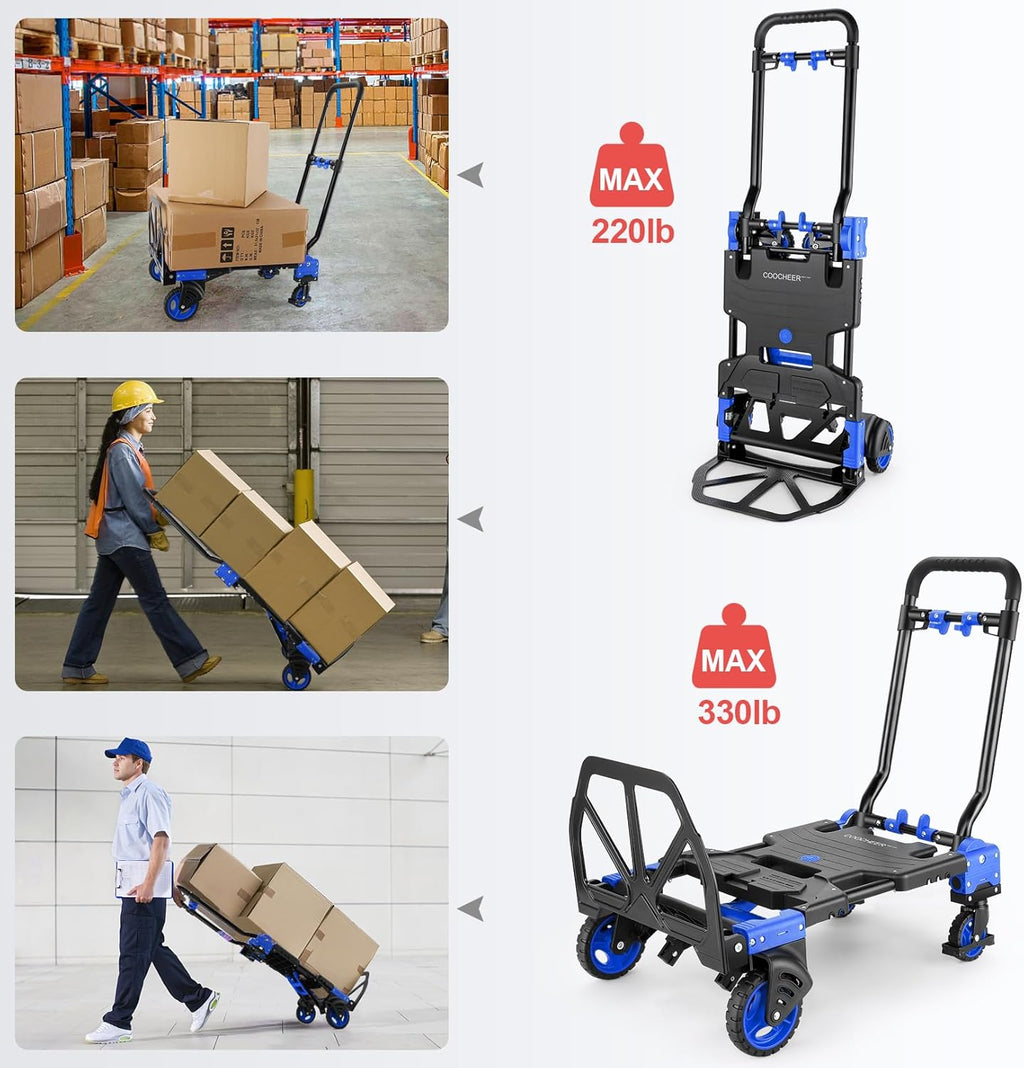 Folding Hand Truck Dolly, 330lb Convertible 4 to 2 Wheel Moving Cart, Blue | Dolly Cart with Retractable, Aluminum