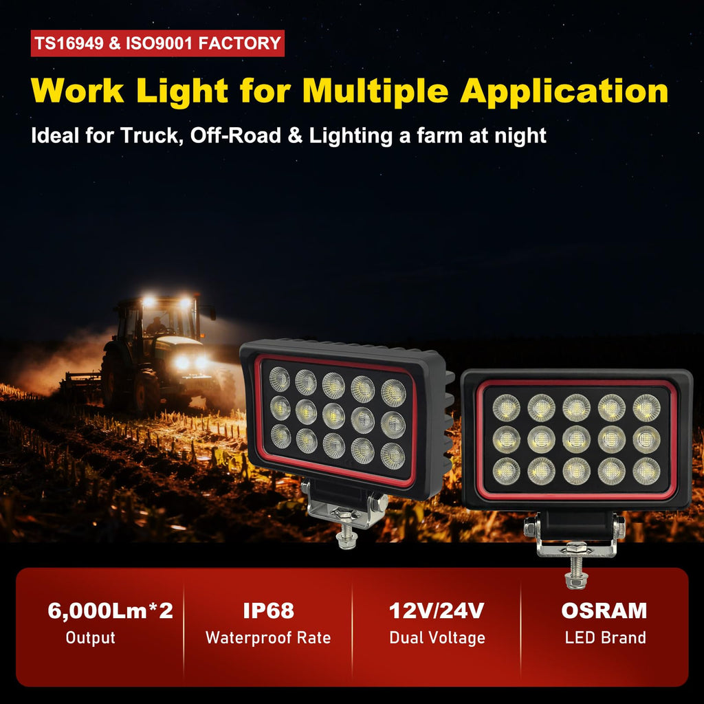 Lampzone 150W 6 Inch LED Work Lights for Truck, 12V Flood Light (Red Frame)