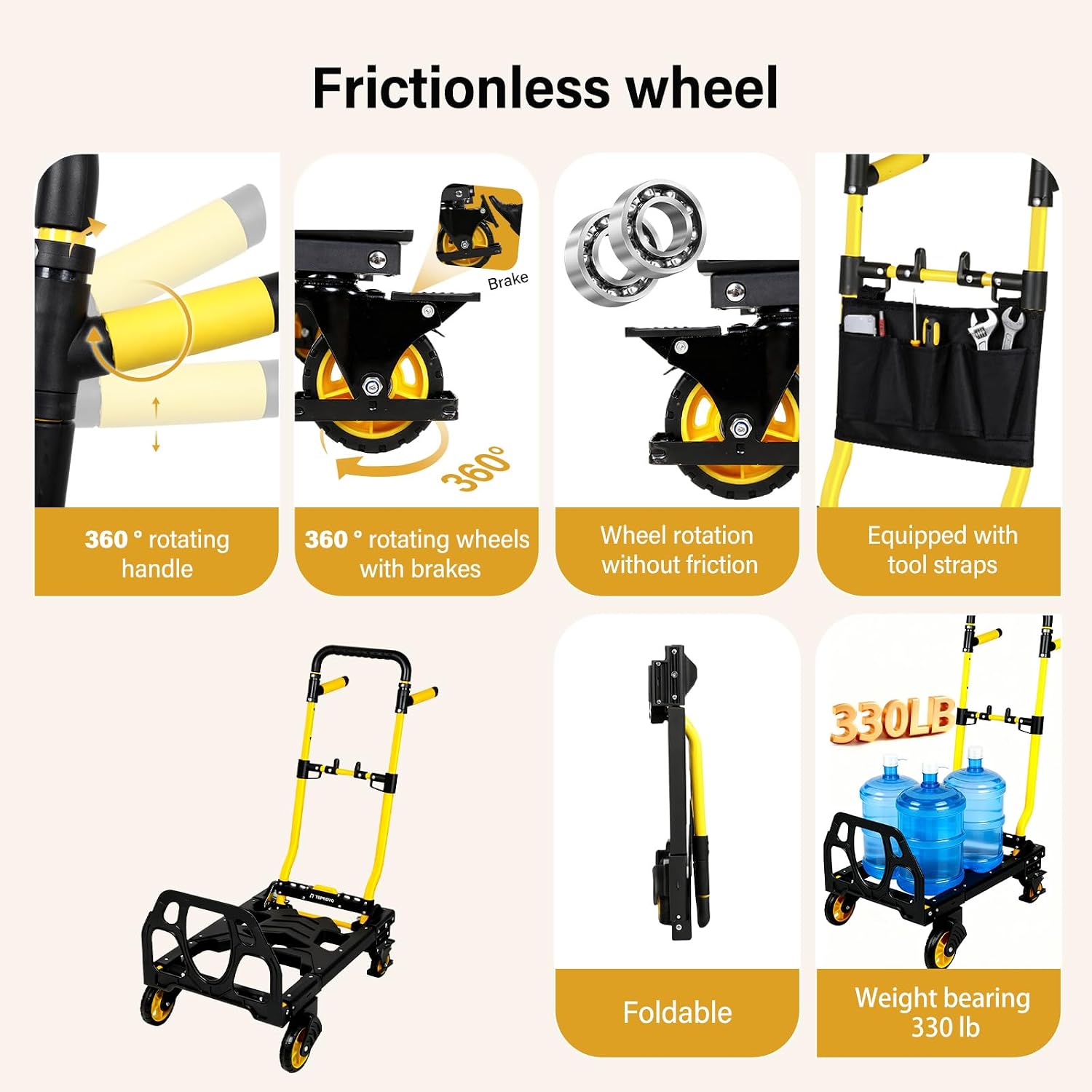 Folding Hand Truck Dolly, 330 lbs Heavy Duty Convertible 2-in-1 Dolly Cart with 3-Level Adjustable Handle, 360°