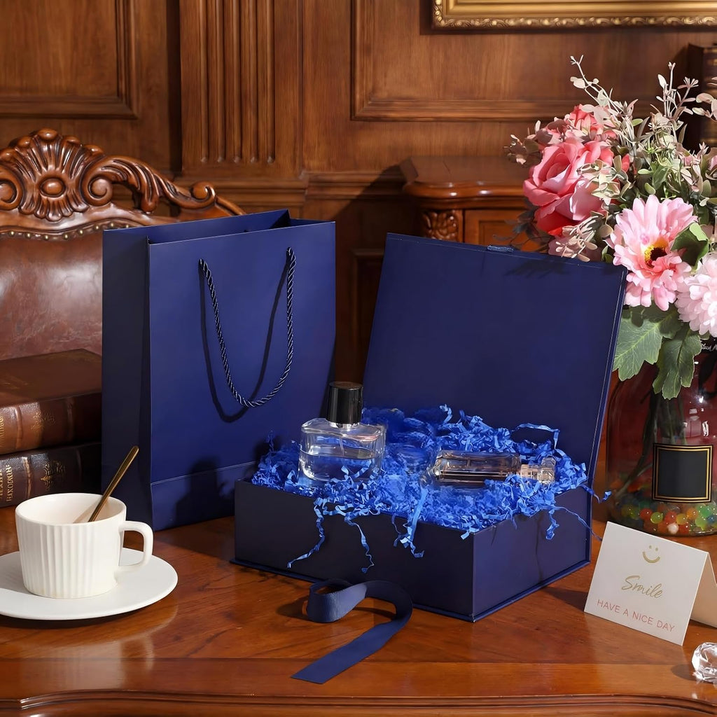 Dark Blue Luxury Gift Box with Lid Ribbon Bag and Card, 9x7x3