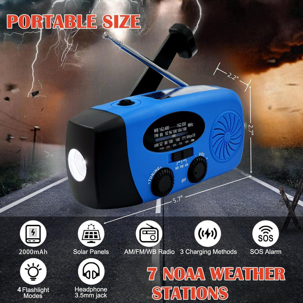 Weather Emergency Solar Hand Crank Radio, 2000mAh NOAA AM/FM | Portable Self Powered Radios with SOS Alarm LED