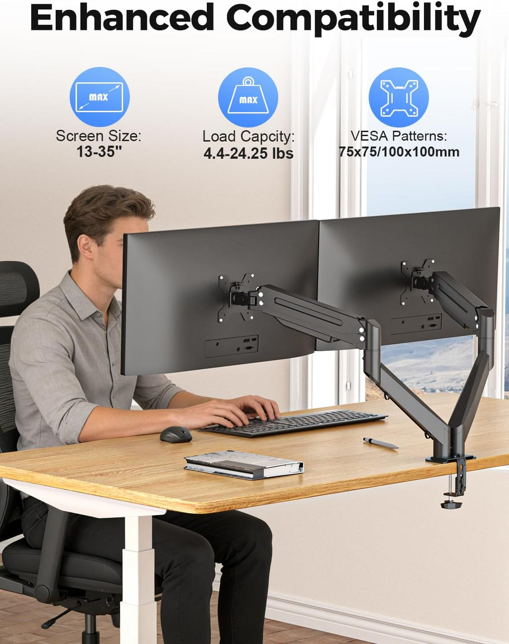 Dual Monitor Mount Stand-Height Adjustable Gas Spring Monitor Arm Desk Mount for 2 Computer Screens 17 to 35 inches