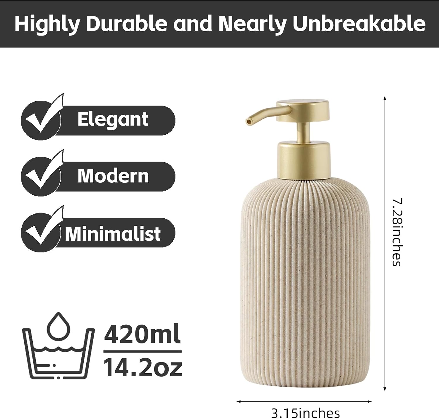 Soap Dispenser14.2OZ, 2PCS Luxurious Stripe,Beige, Gold Pump | Modern,Hand Dish Soap Dispenser Set, Refillable Lotion