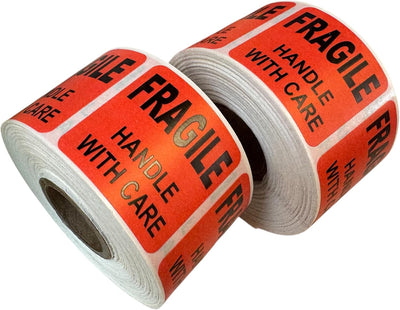 Fragile Handle with Care Labels, 1.5 x 1.5 Inch Red Square Shipping Stickers, Peel and Stick Warning Labels, 2 Rolls