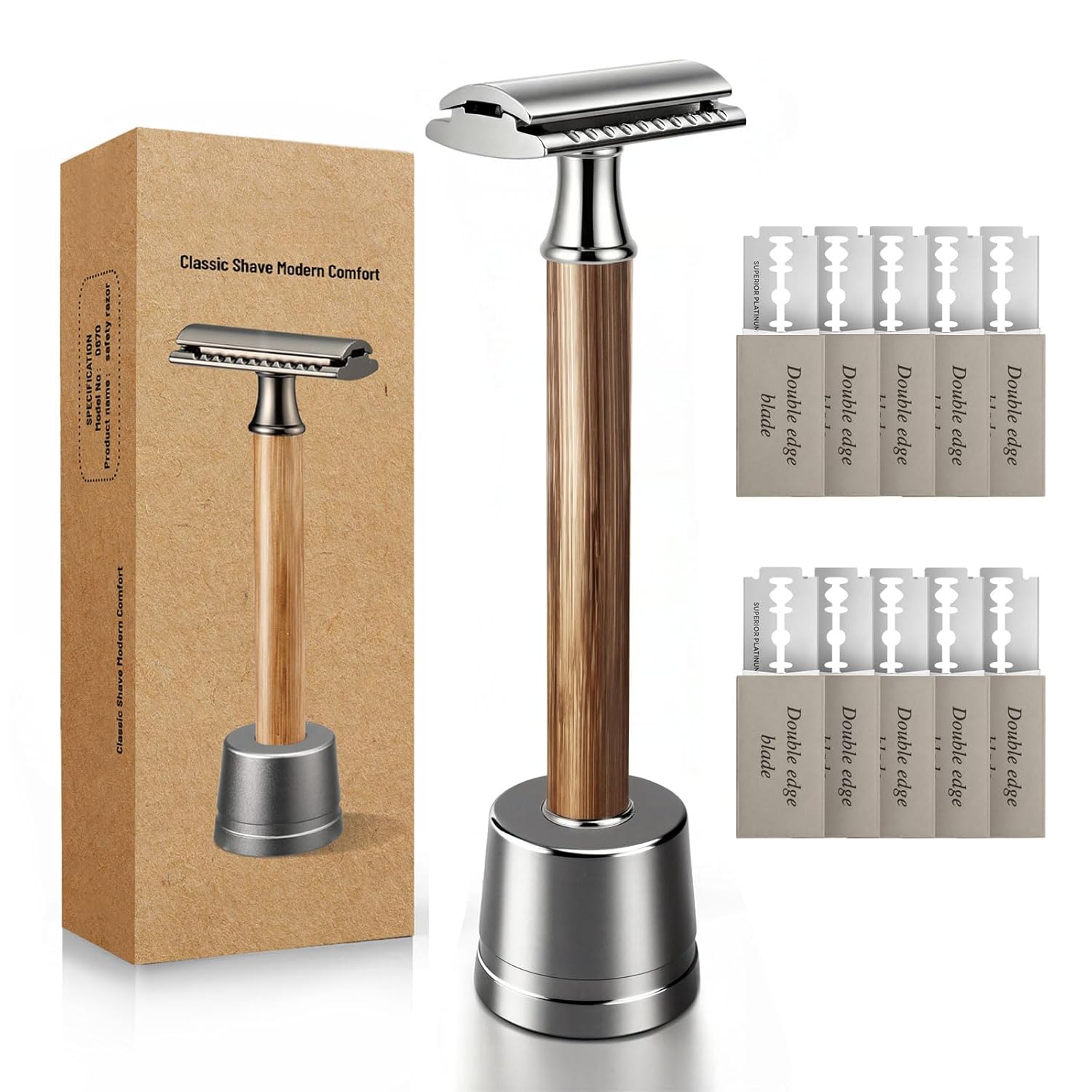 Double Edge Safety Razor: Eco-Friendly Single Blade Razors for Men & Women, 𝐁𝐚𝐦𝐛𝐨𝐨 𝐇𝐚𝐧𝐝𝐥𝐞 Metal Razor for Smooth