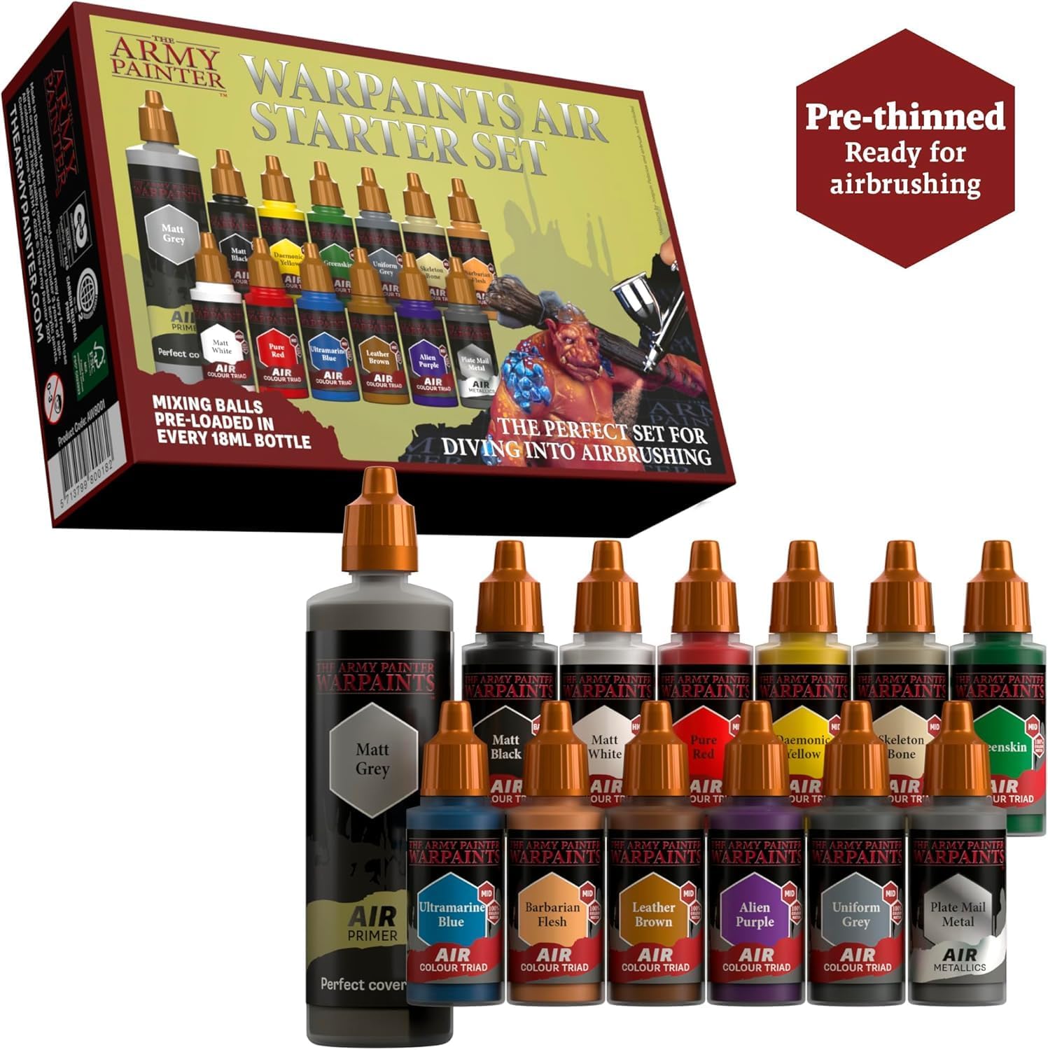 Warpaints Air Starter Set, 12 x 18 ml | Acrylic Airbrush Paints, incl. 1 Metallic & 1 Grey 100ml Primer - Air brush