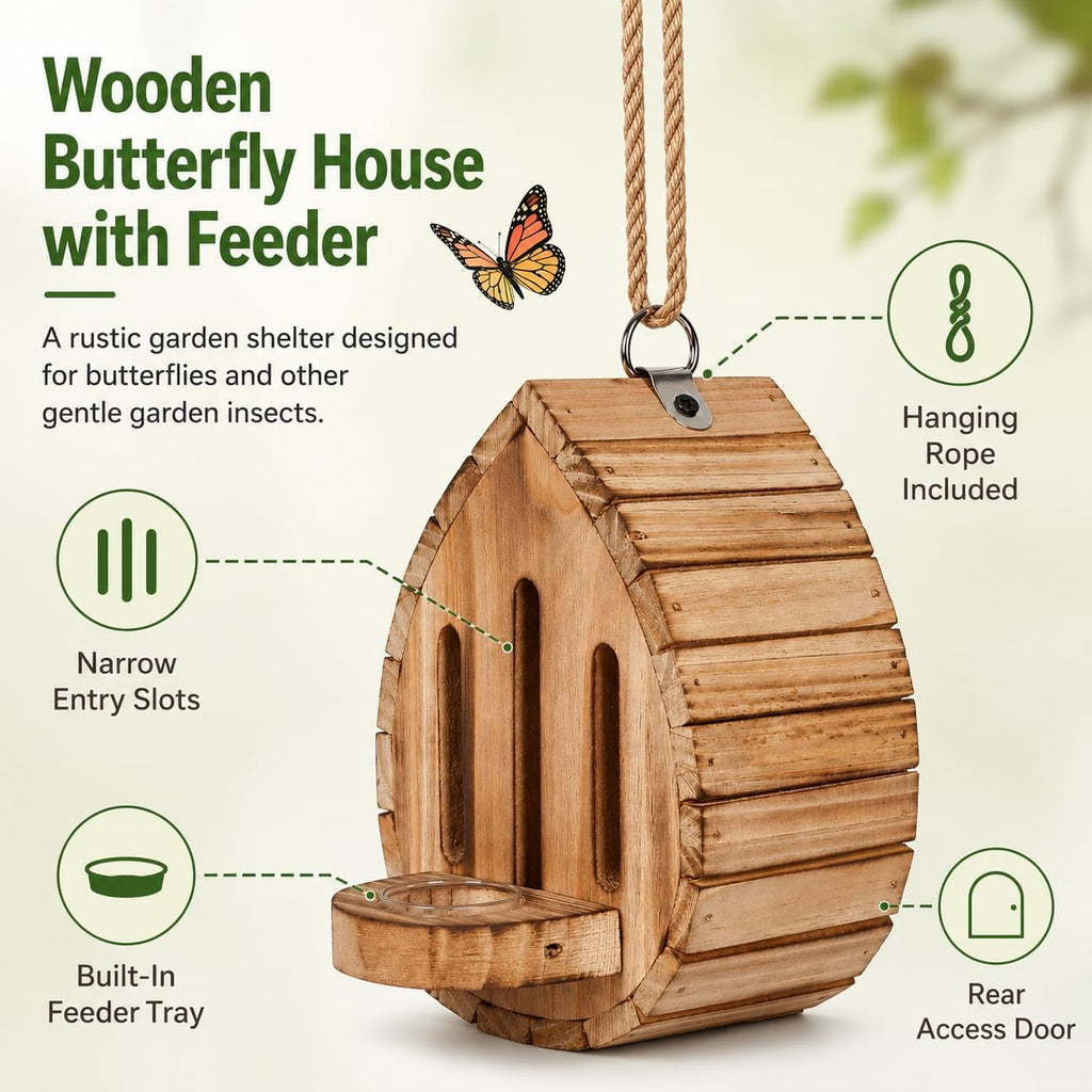 Wooden Butterfly House and Feeder for Outdoors, Natural Butterfly Habitat Nesting Box, Hanging Bug Hotel Garden